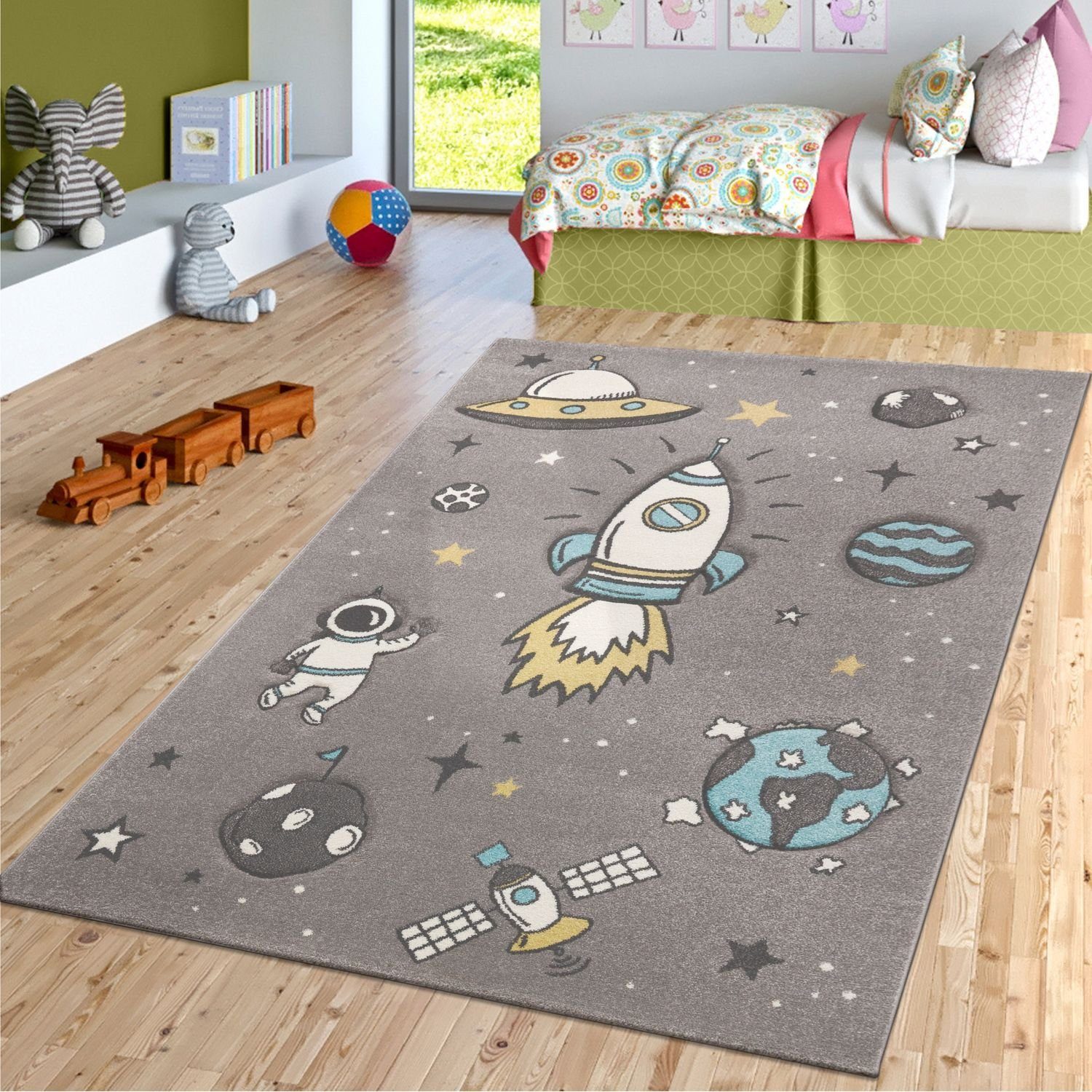 Kinderteppich Kinderzimmer Kurzflor Teppich Weltall Raketen Motiv, TT Home, rechteckig, Höhe: 16 mm