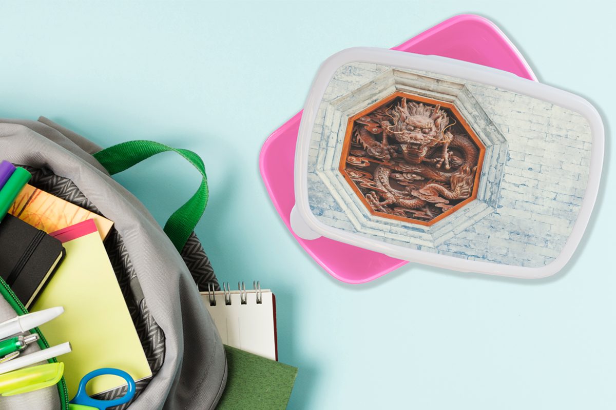 Mädchen, Erwachsene, Lunchbox für Brotdose Kunststoff, Drache Brotbox im (2-tlg), Roter Achteck, Snackbox, rosa Kinder, MuchoWow Kunststoff