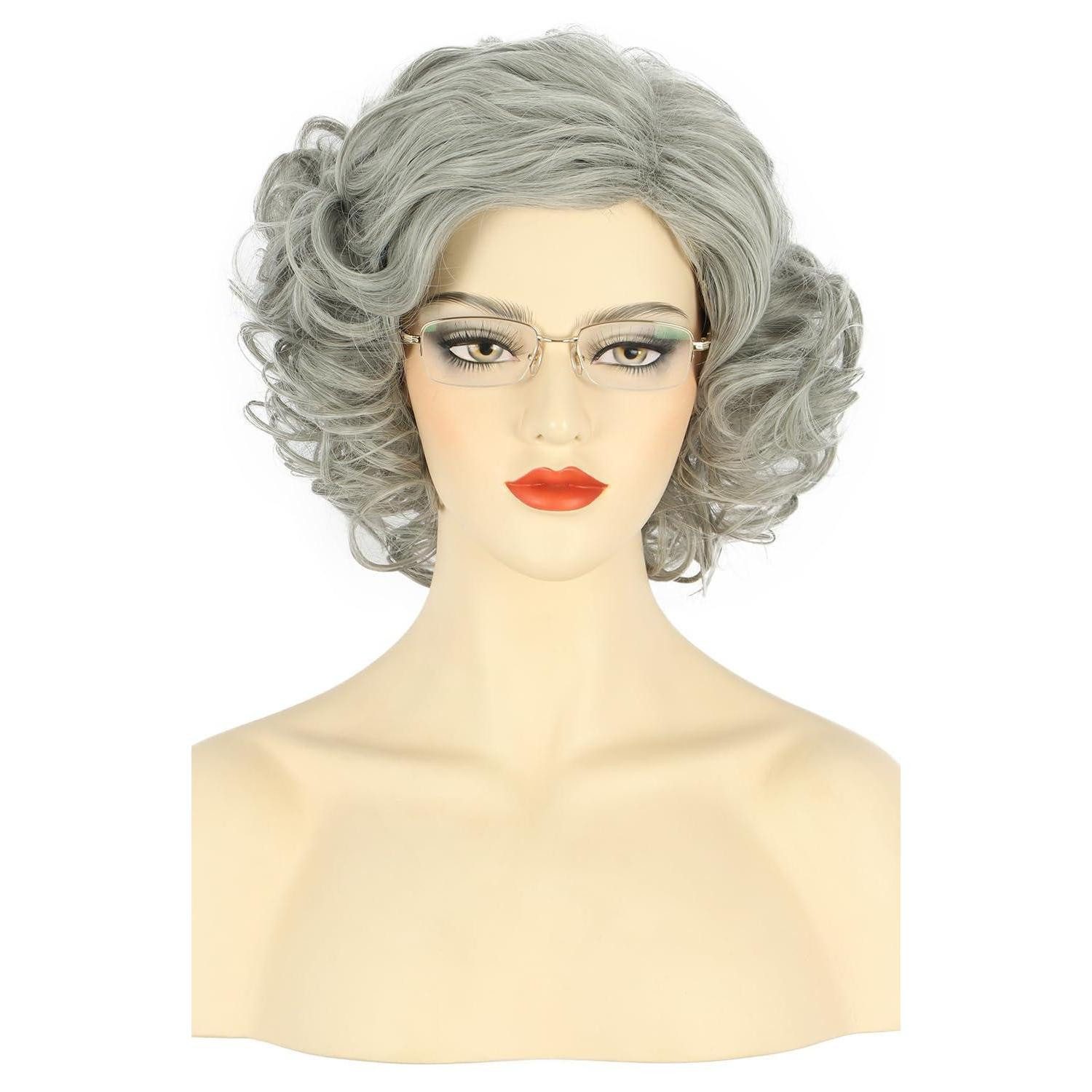 Kostüm-Perücke Perücke Alte Dame Kurze Bob Lockige Halloween Cosplay Party Grau