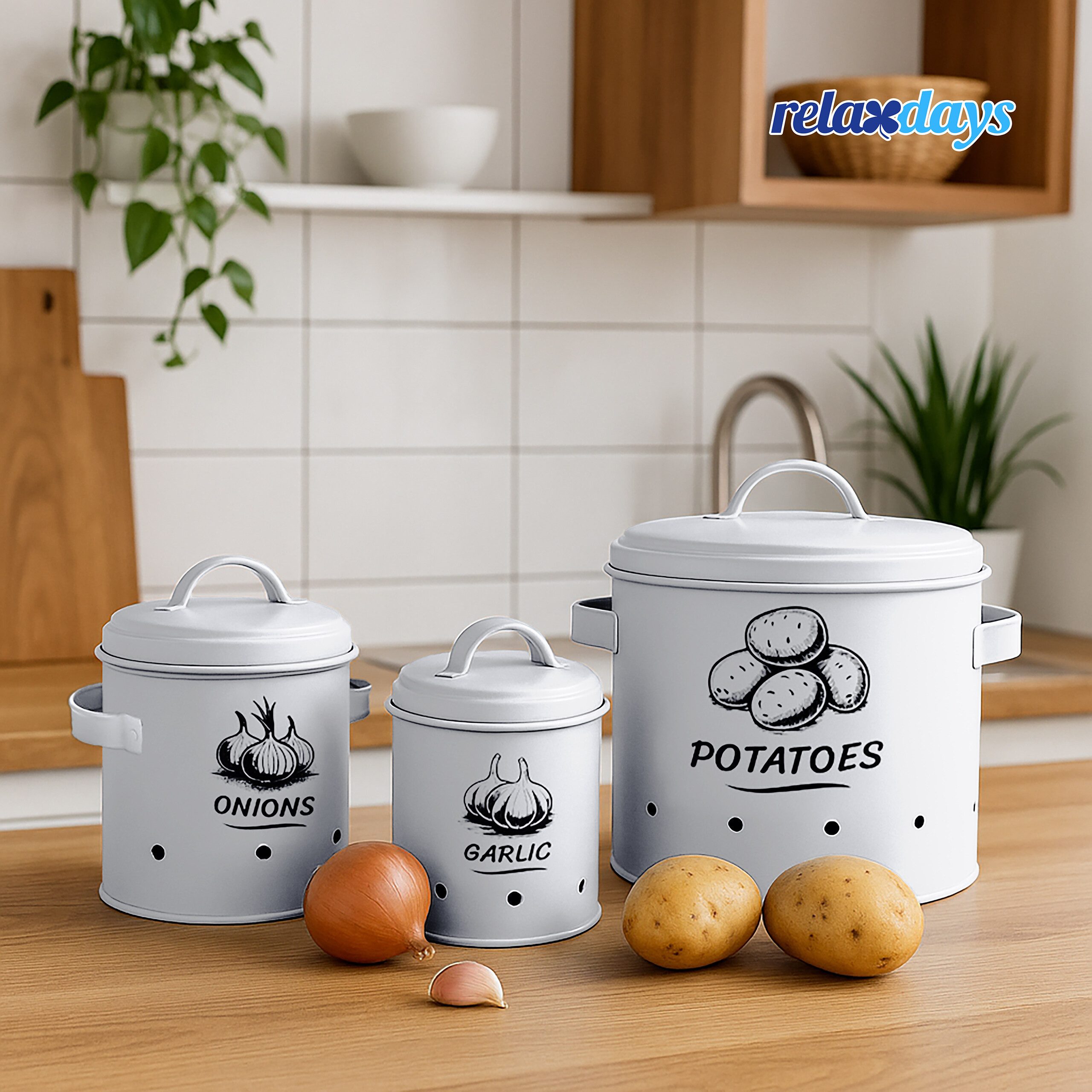 relaxdays Vorratsdose Kartoffel Aufbewahrungsbox 3er Set, Stahl, (3-tlg), weiß – Bild 2 von 5
