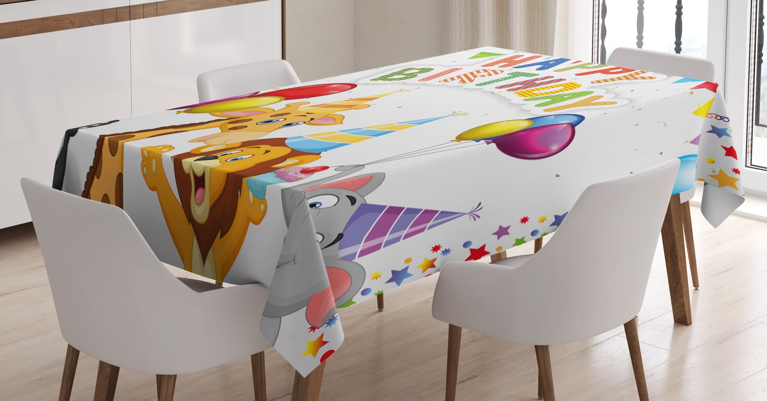 Abakuhaus Tischdecke Farbfest Waschbar Für den Außen Bereich geeignet Klare Farben, Geburtstag Cartoon Animals-Party
