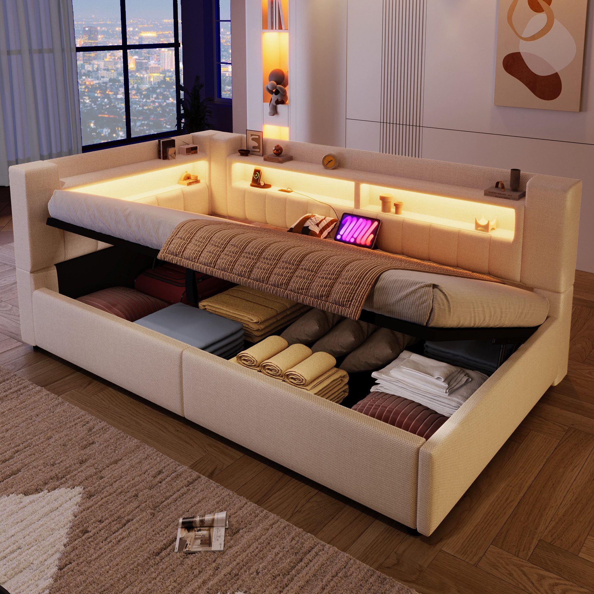 Merax Daybett 90x200cm mit LED-Beleuchtung und USB&Typ-C Ladefunktion (Jugendbett Einzelbett Sofabett, 1 tlg), Tagesbett mit hydraulischem Stauraum & Staufächern, Schlafsofa, Leinen