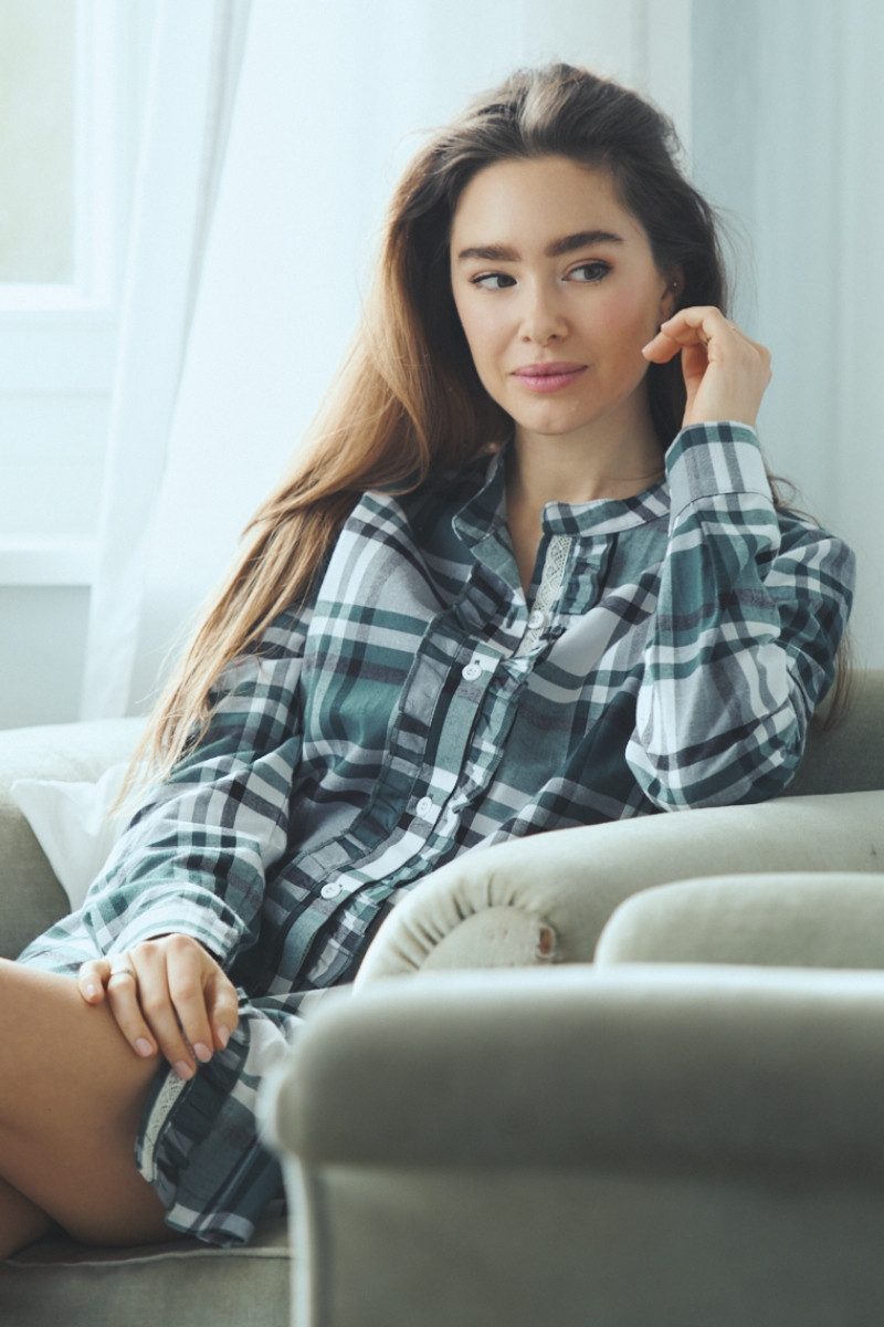 Louis & Louisa Schlafanzug Sleepshirt Damen - KUSCHEL-KARO - weiß/tanne/schwarz