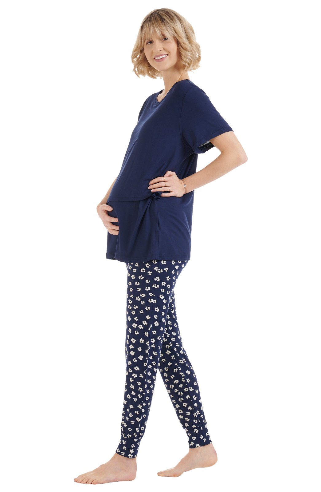 (2 Stillmode Pyjama-Set Herzmutter - Blau/Blumen - - tlg) Muster Umstandspyjama Stillpyjama