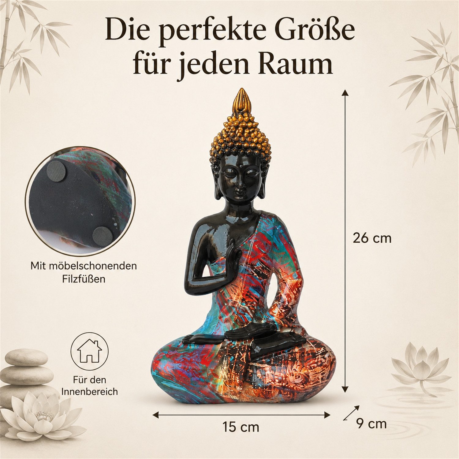 INtrenDU Buddhafigur bunt 26 cm sitzend im Pop-Art-Stil (1 St), Möbelschonende Filzfüße