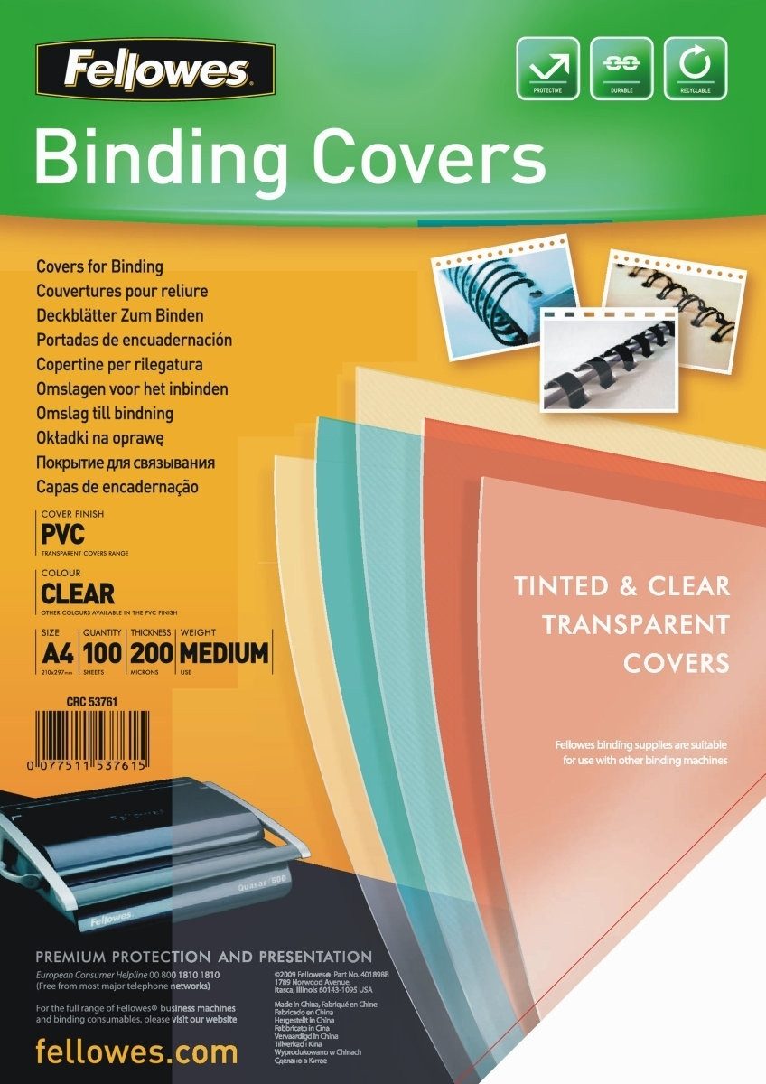 FELLOWES Thermo-Bindemappe Präsentationsdeckblatt A4 PVC 200mic transparent VE=100 Stück, (