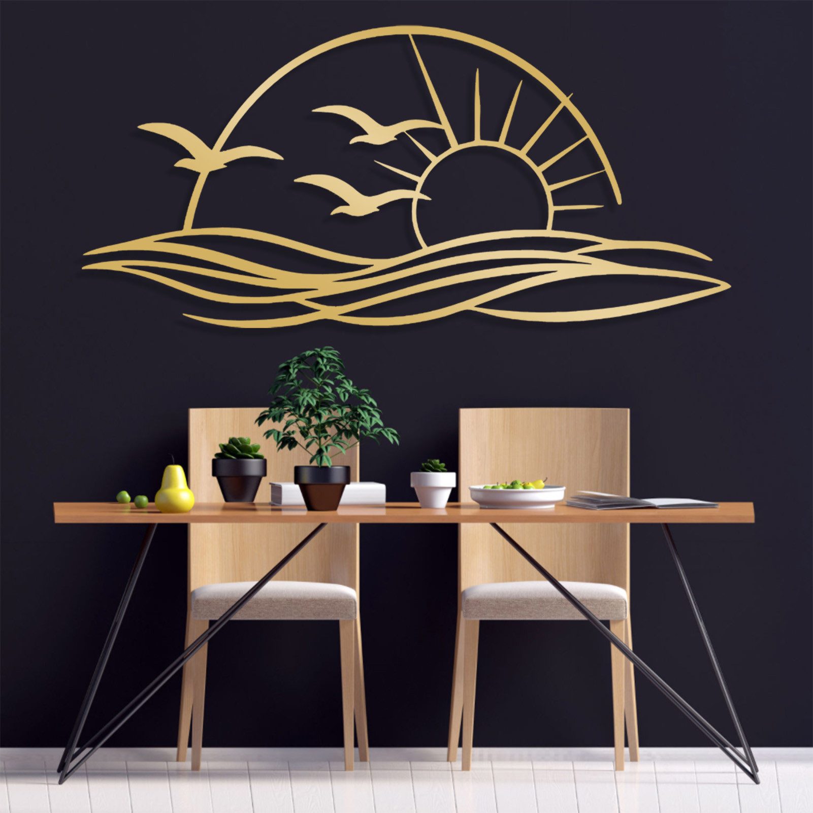 Jumpeak Wanddekoobjekt Wanddeko mit Sonnen und Möwen,Sonnenuntergang,Meereswellen,Strichkunst, Metall,4 Farbe,5 Maße,Strandhorizont,Tropischer,Minimalistischer