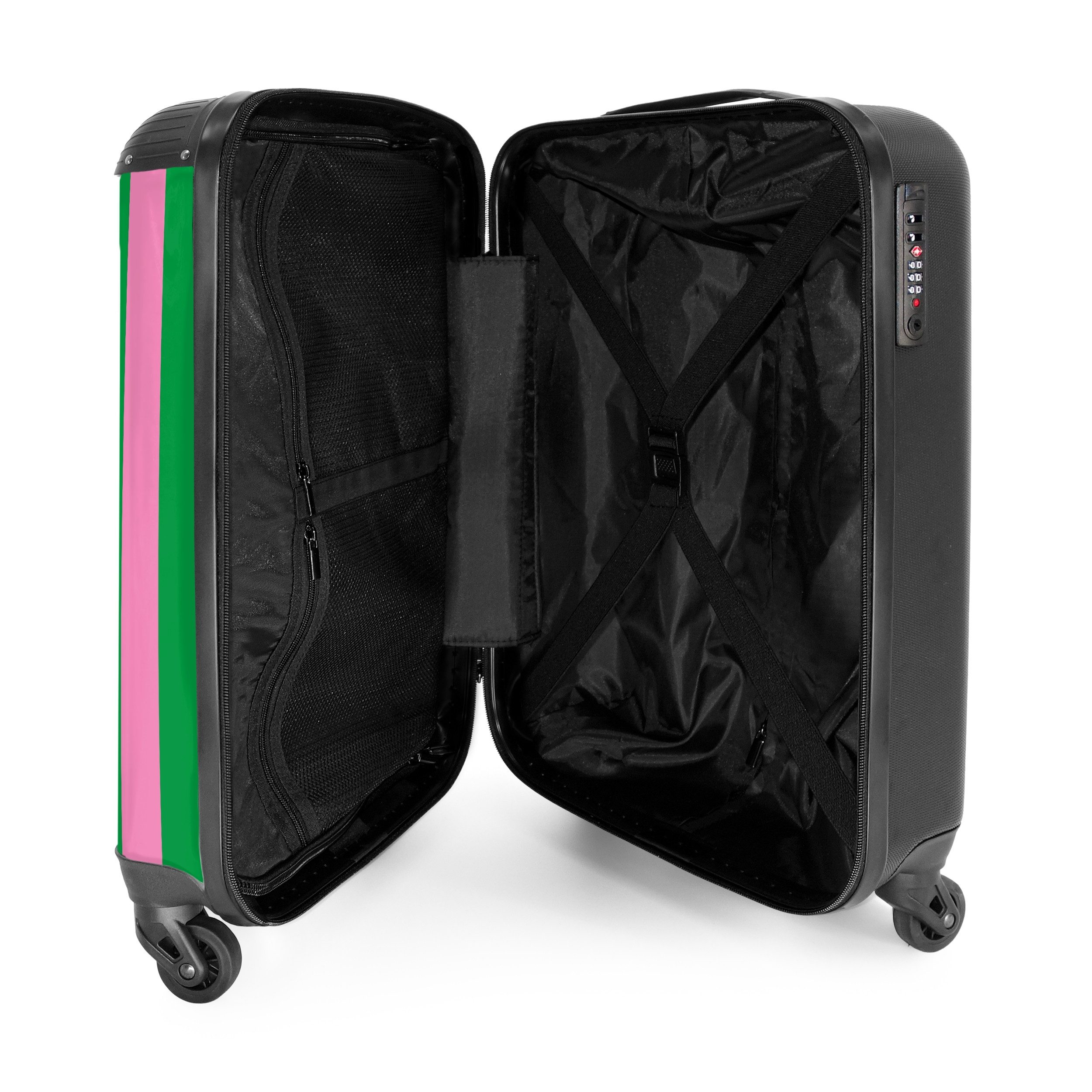 NoBoringSuitcases.com© Hartschalen-Trolley Grüne und rosa Streifen mit dem Spruch 'que sera sera' 55x35x20cm, 4 Rollen, Handgepäck Koffer & Trolleys, Luggage, Reisekoffer Frauen