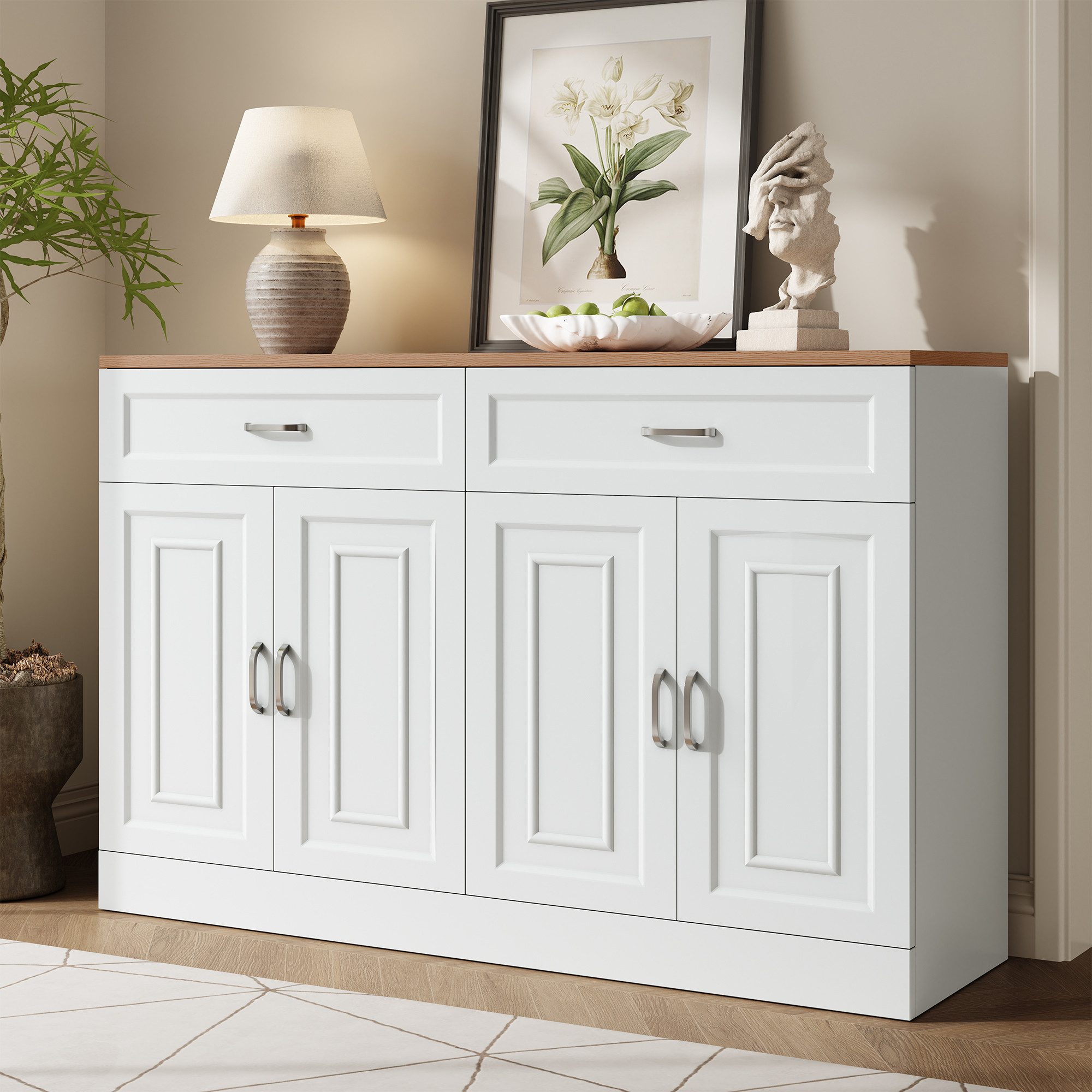 Merax Sideboard mit Soft-Close-System & natürlicher Holzmaserung (1 St., 120×35×80,5 cm), Kommode mit 4 Türen, 2 Schubladen & verstellbaren Einlegeböden