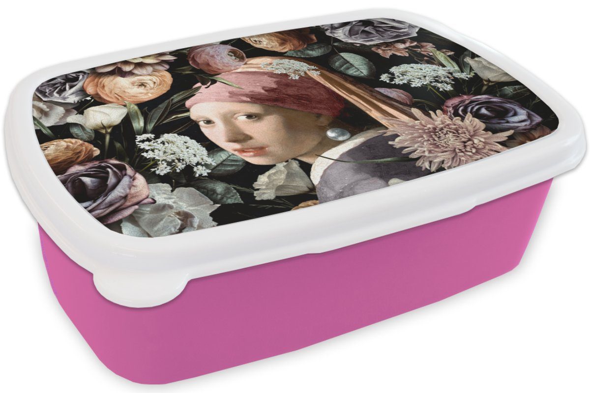 - - Snackbox, für Kunstwerk mit Mädchen, Lunchbox Blumen Brotbox Vermeer - - Kunststoff Mädchen Perlenohrring Kinder, MuchoWow (2-tlg), rosa Erwachsene, -, Kunststoff, Pastell Brotdose