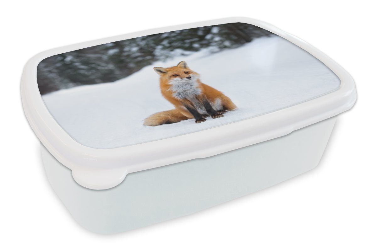 MuchoWow Lunchbox Fuchs - Schnee - Wald, Kunststoff, (2-tlg), Brotbox für Kinder und Erwachsene, Brotdose, für Jungs und Mädchen weiß