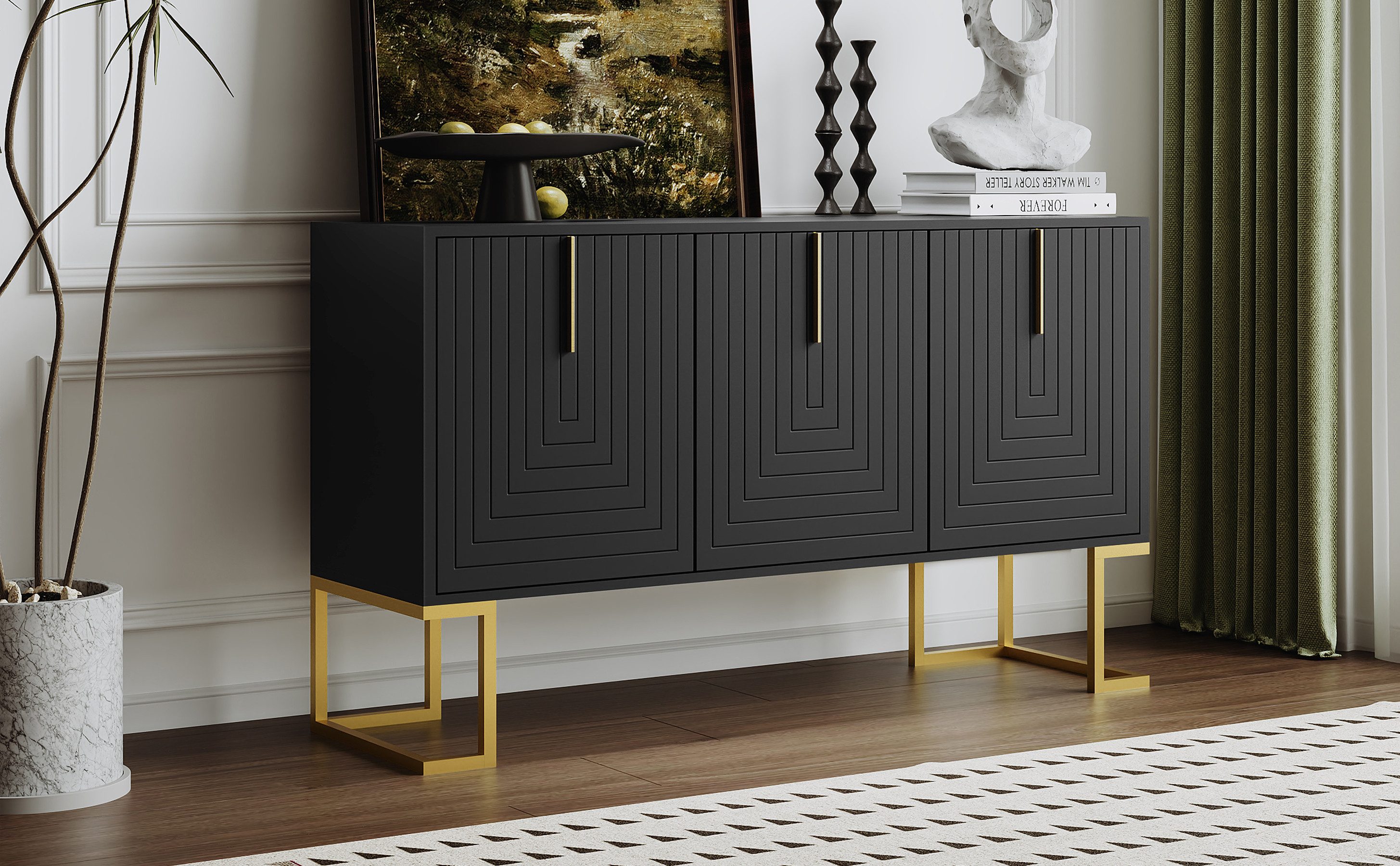 Flieks Sideboard mit 3 Türen (1 St., 138x40x80,5 cm), Mehrzweckschrank Wohnzimmerschrank mit verstellbare Regalen Schwarz