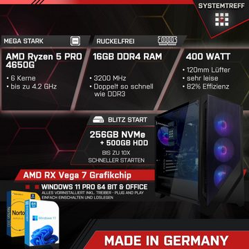 SYSTEMTREFF Basic Gaming-PC (AMD Ryzen 5 4650G, RX Vega 7, 16 GB RAM, 500 GB HDD, 256 GB SSD, Luftkühlung, Windows 11, WLAN)