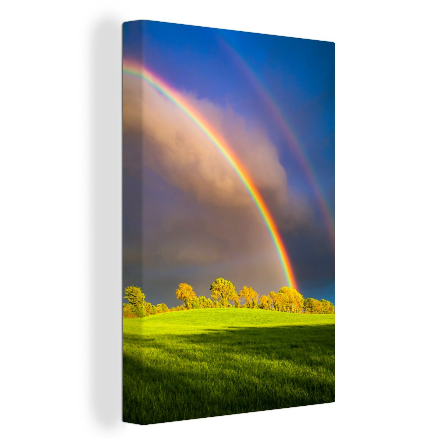 OneMillionCanvasses® Leinwandbild Eine Nahaufnahme eines hellen Regenbogens über grünen Bäumen, (1 St), Leinwandbild fertig bespannt inkl. Zackenaufhänger, Gemälde, 20x30 cm