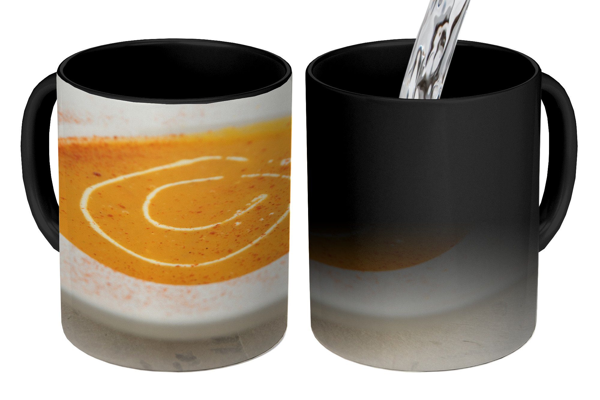 Kaffeetassen, Tasse Geschenk im Teetasse, bestreut, weißen Keramik, MuchoWow Farbwechsel, Teller Zaubertasse, mit Cayennepfeffer Kürbissuppe