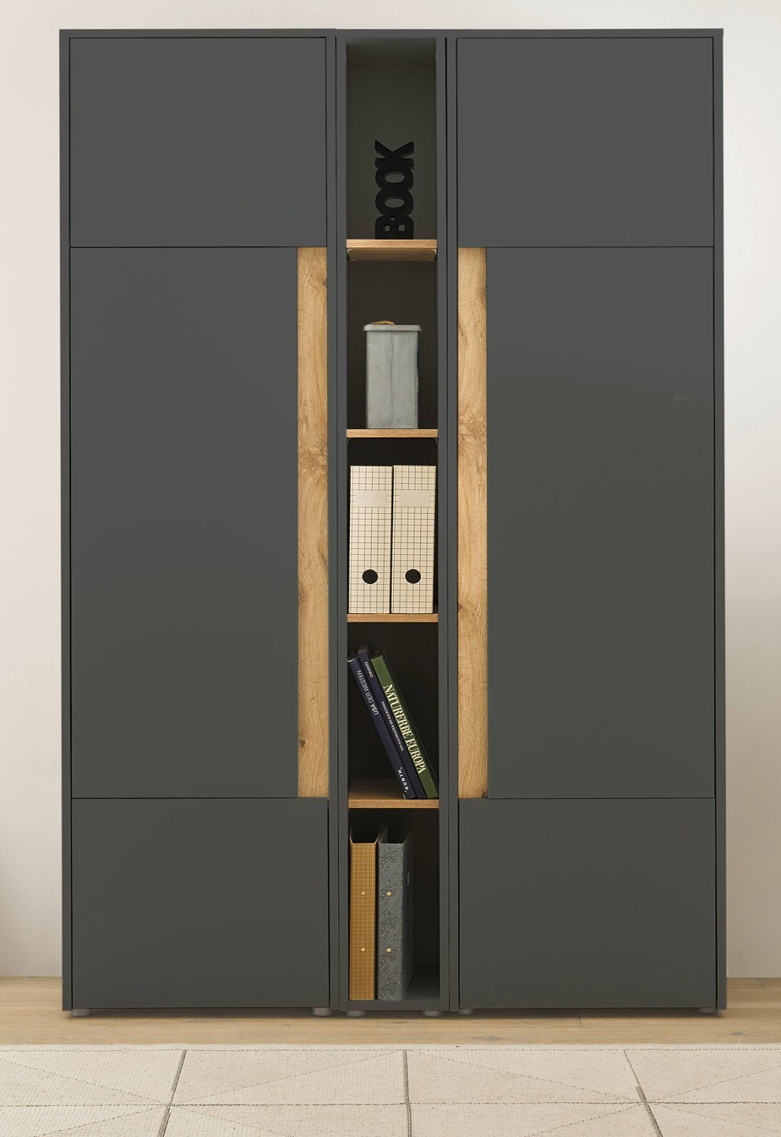 200 Set mit Wotan Aktenschrank Furn.Design x in Center Fächer cm) (Büroschrank 120 15 Eiche, grau 3-teilig,