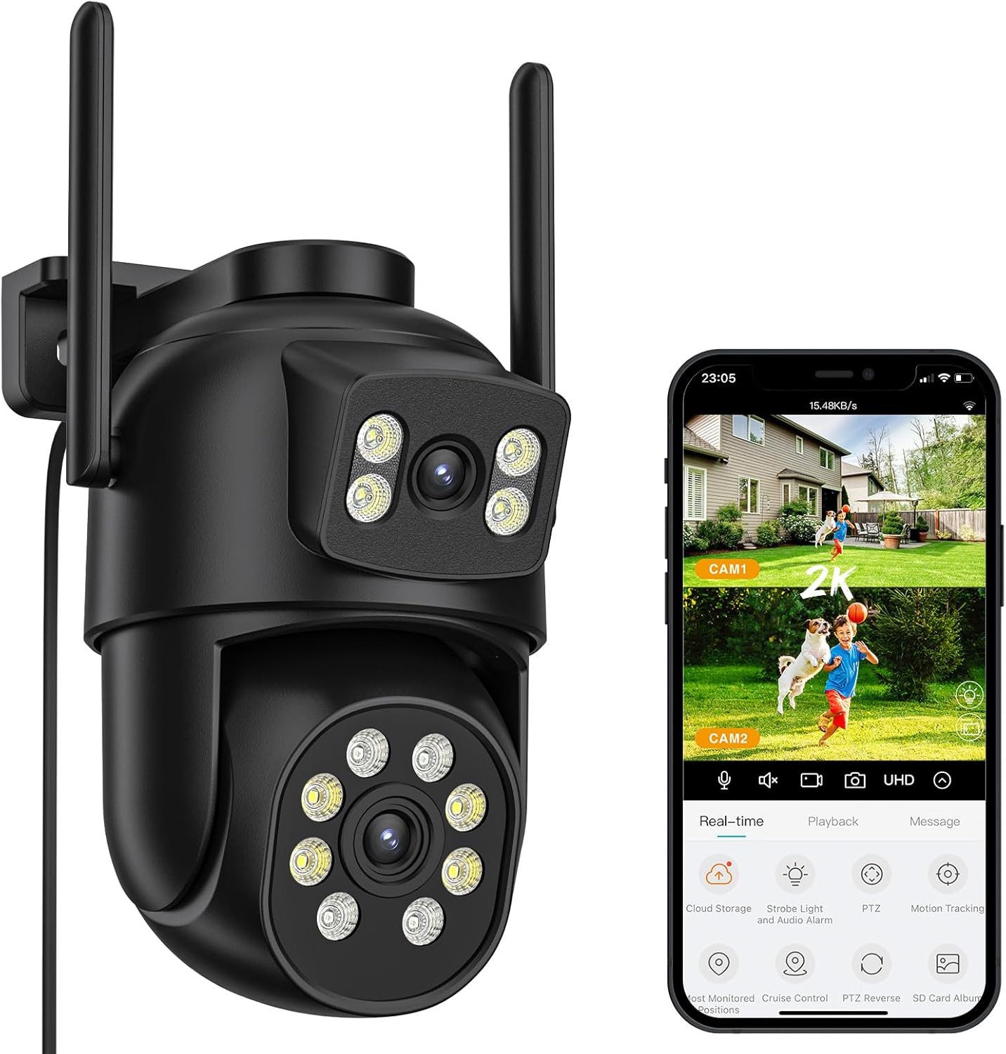 Athlix Überwachungskamera 4K 8MP HD Wifi Kamera Außen Dual Lens Video Audio Überwachung (Infrarot Nachts, KI Menschenerkennung, Mikrofon + Lautsprecher)