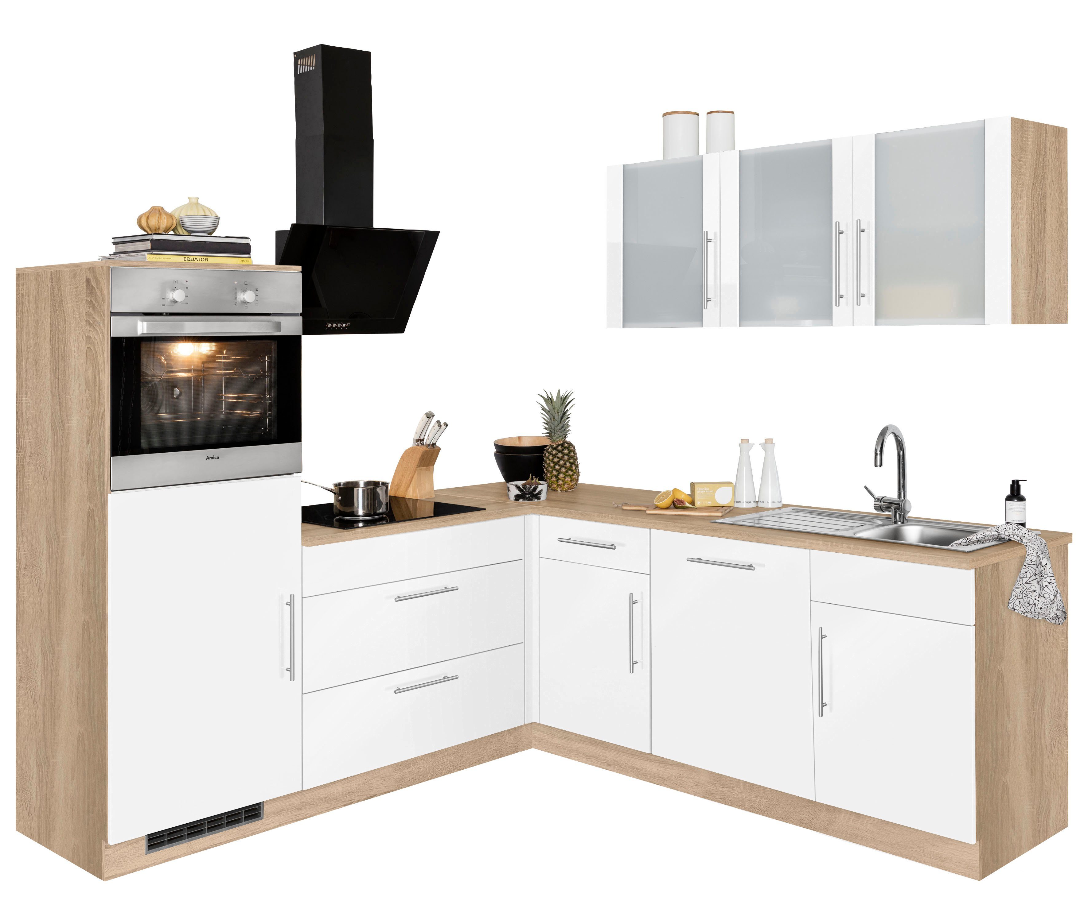 wiho Küchen Winkelküche Cali, mit E-Geräten, Stellbreite 210 x 220 cm braun|weiß