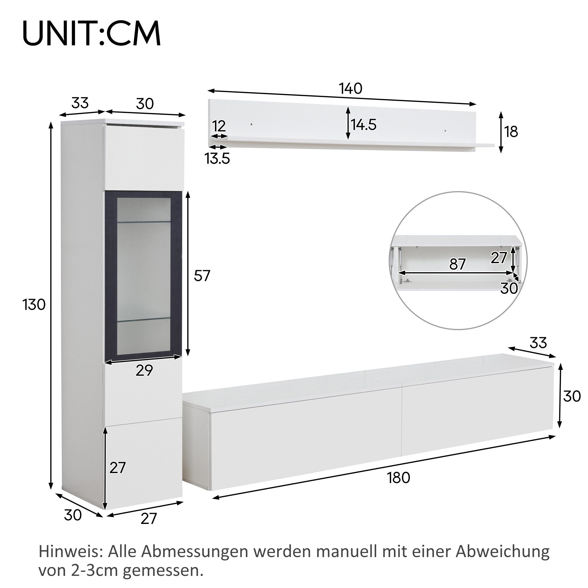 Thanaddo TV-Schrank TV-Wand 3-teilig, 1 x TV-Schrank, 1 x Wohnzimmervitrine, 1 x Wandregal