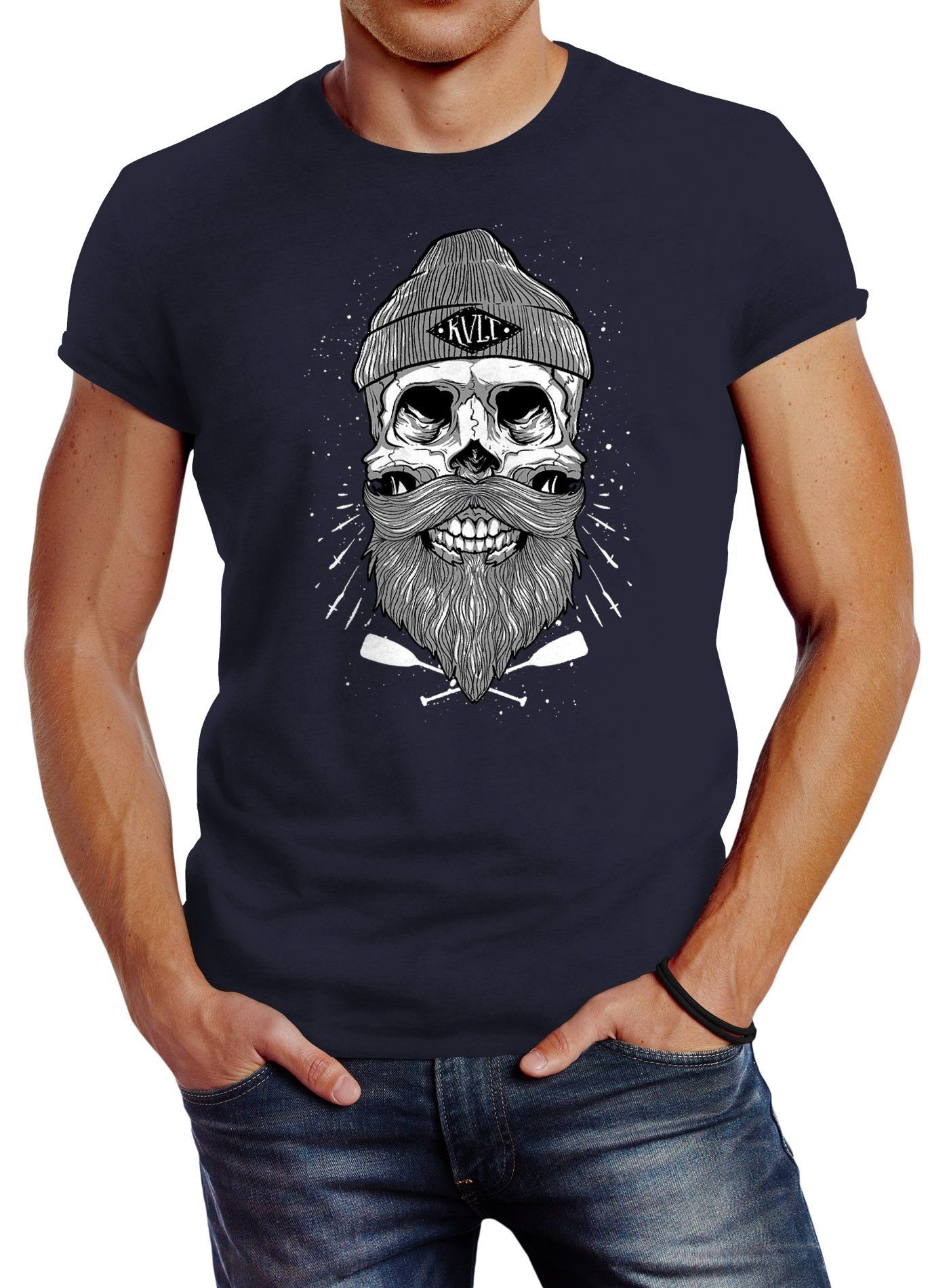 Neverless Print-Shirt Herren T-Shirt Captain Skull Beard Totenkopf Bart Kapitän Slim Fit Neverless® mit Print navy