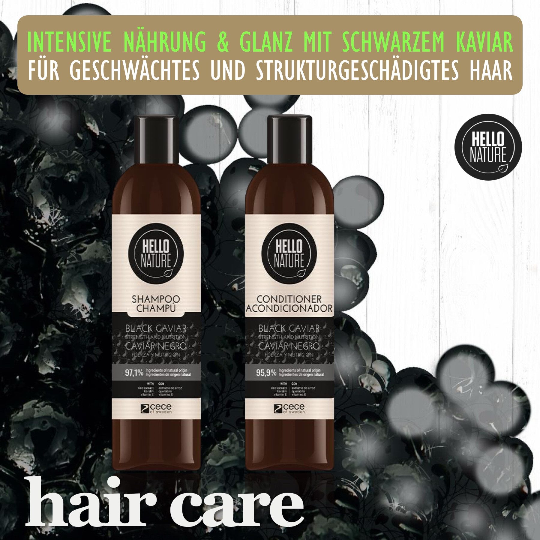 Hello Nature Haarpflege-Set Haarkur Haar Shampoo Conditioner Set Black Caviar Naturkosmetik, 2-tlg., Haarpflege Set, Shampoo, Conditioner, Hello Nature