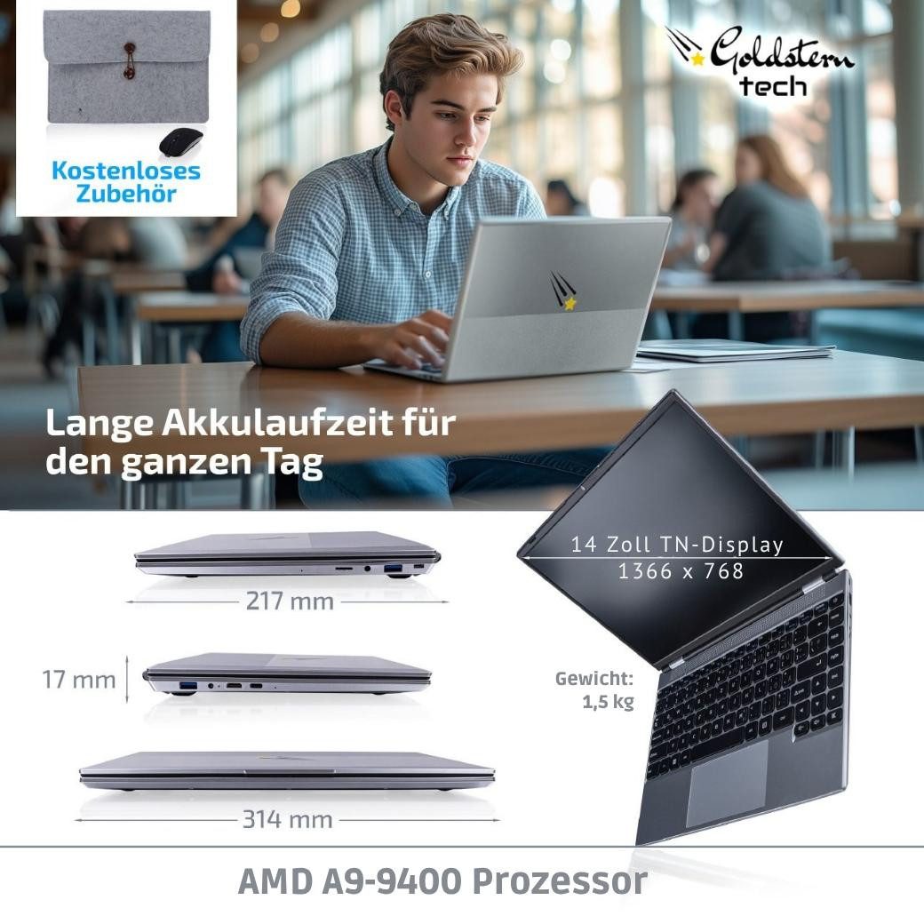 Goldstern-Tech Notebook (35,56 cm/14 Zoll, AMD AMD A9-9400, AMD Radeon R5 Serie, 8 GB, 512 GB SSD, Ultraleichter Laptop mit Windows 11 Pro und hoher Akkuausdauer)