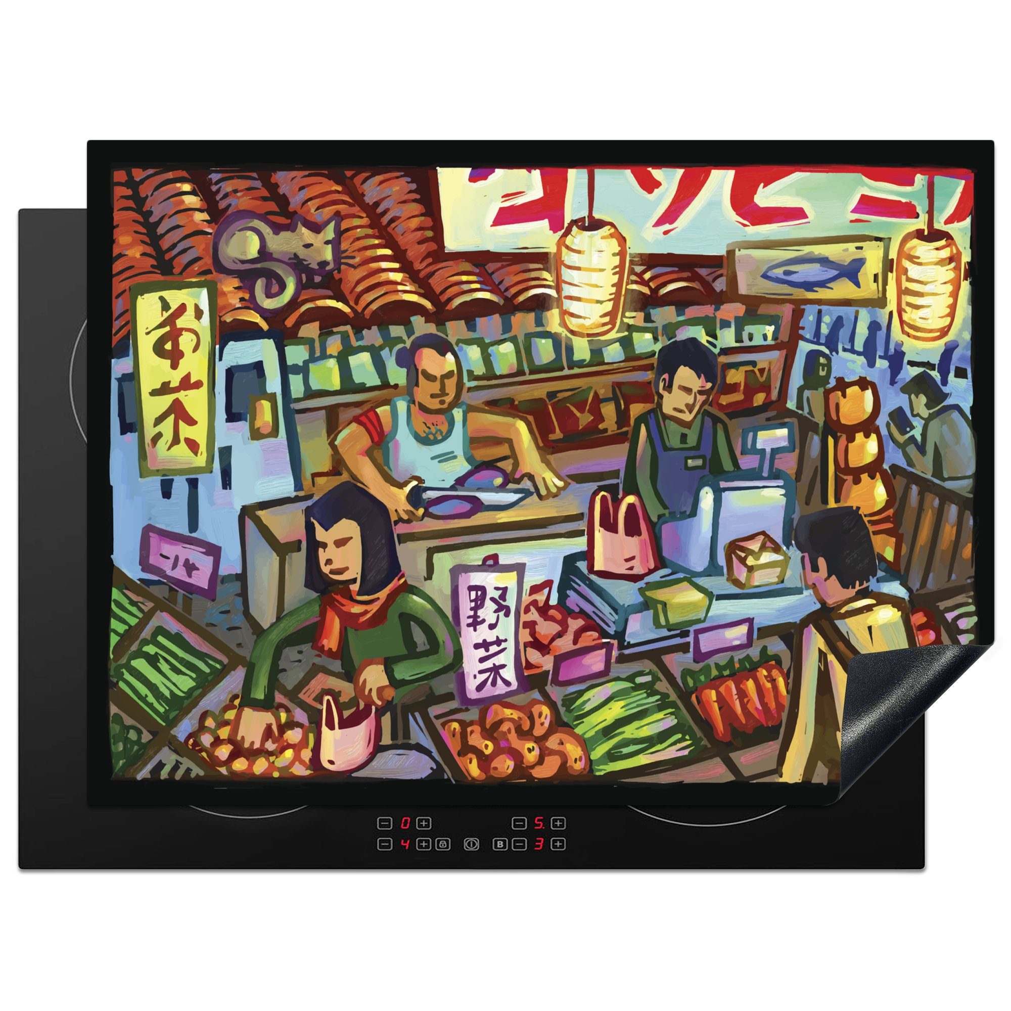 MuchoWow Herdblende-/Abdeckplatte Bunte Illustration eines Geschäfts in Tokio, Vinyl, (1 tlg), 70x52 cm, Mobile Arbeitsfläche nutzbar, Ceranfeldabdeckung