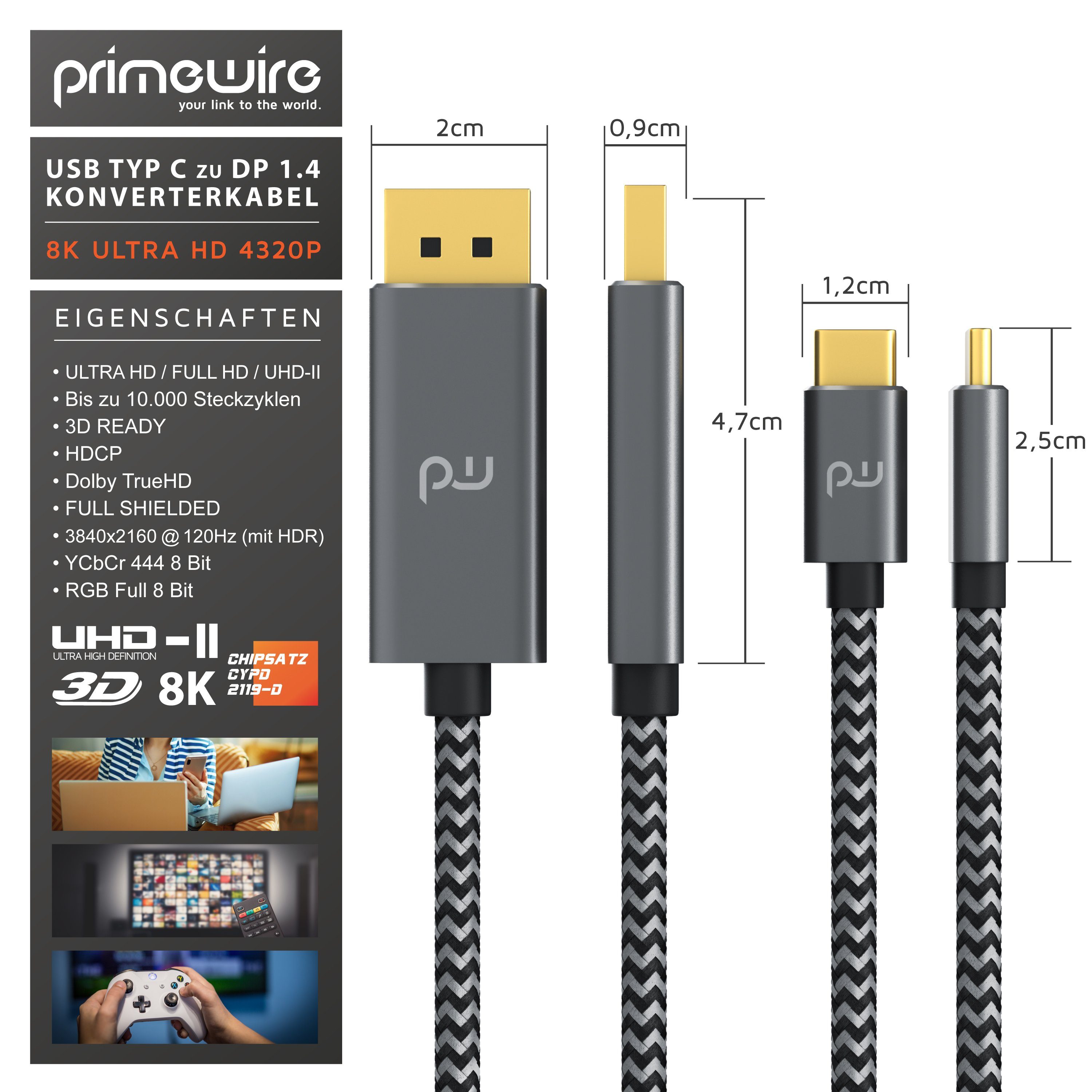 Primewire USB-C auf DisplayPort Kabel 1 m, 4K UHD 120 Hz Audio- & Video-Kabel, DisplayPort, USB-C (100 cm), USB Typ C zu DP Konverterkabel Adapterkabel 8K 7680  – Bild 2 von 5