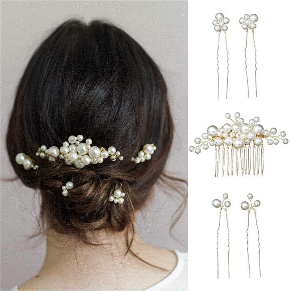 MOPUEA Diadem Braut Haarschmuck Set 5 Stück Haarnadeln Perlen Hochzeit Gold günstig online kaufen