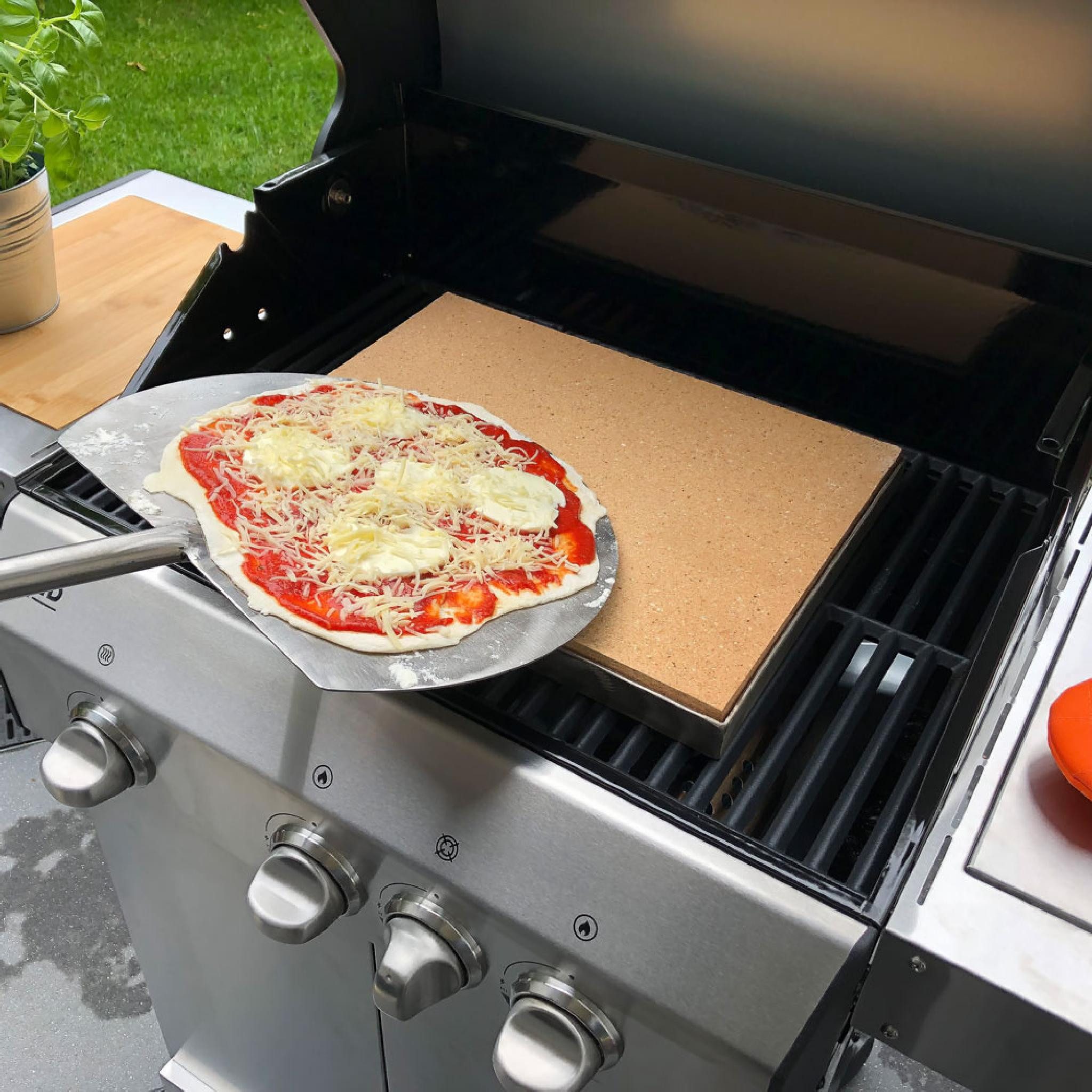 Feuerfest 123 GmbH Pizzastein Pizzastein Grill 35 x 35 x 3 cm + Edelstahlrahmen