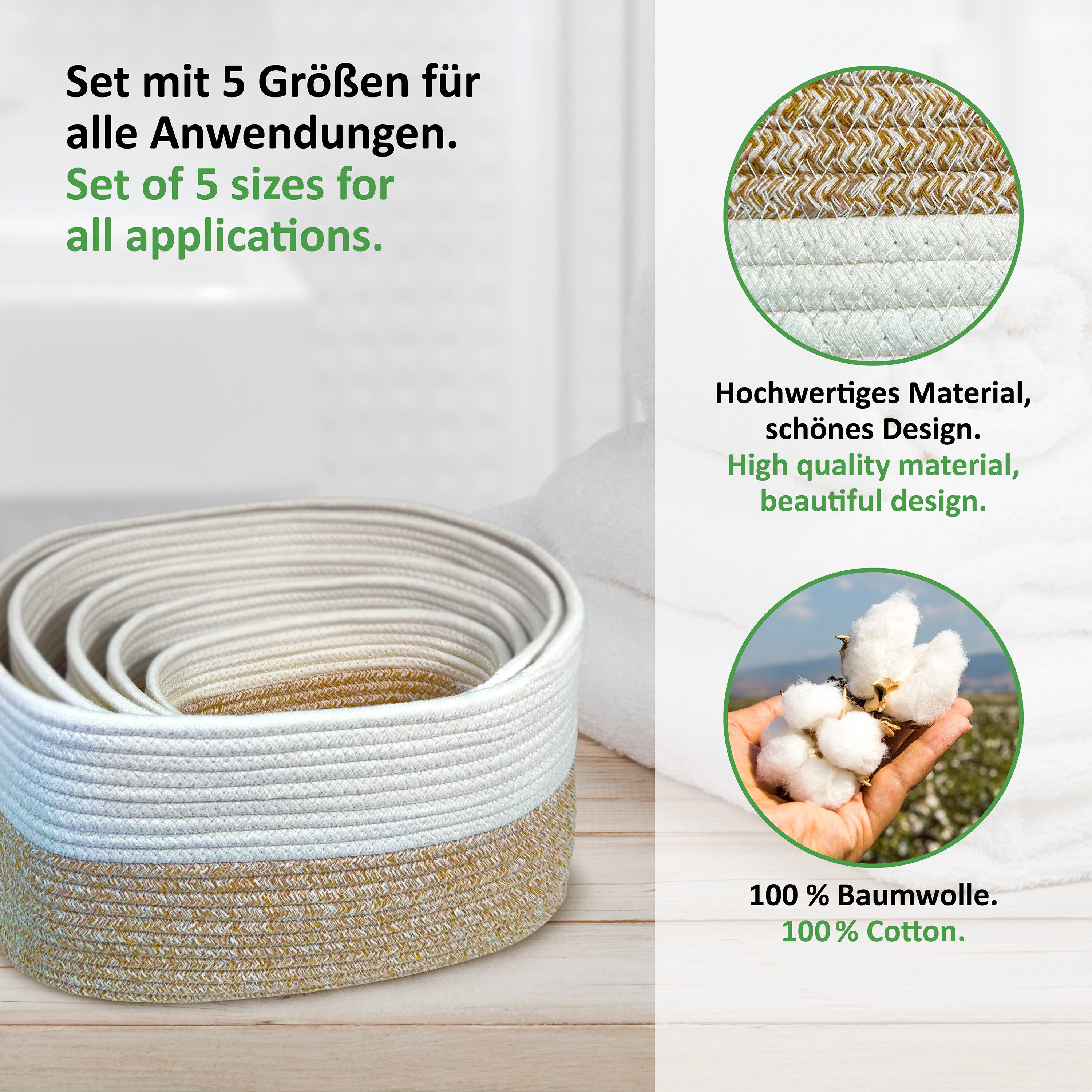 WIESEN.design Aufbewahrungskorb XXXL Korb Set MIRA 50L, Aufbewahrungskorb geflochten aus Baumwolle (Wickeltisch Organizer, Korb Aufbewahrung, Aufbewahrung Bad, Korb geflochten, Bad Organizer), inkl. schwerem Wäschesack, gratis Versand