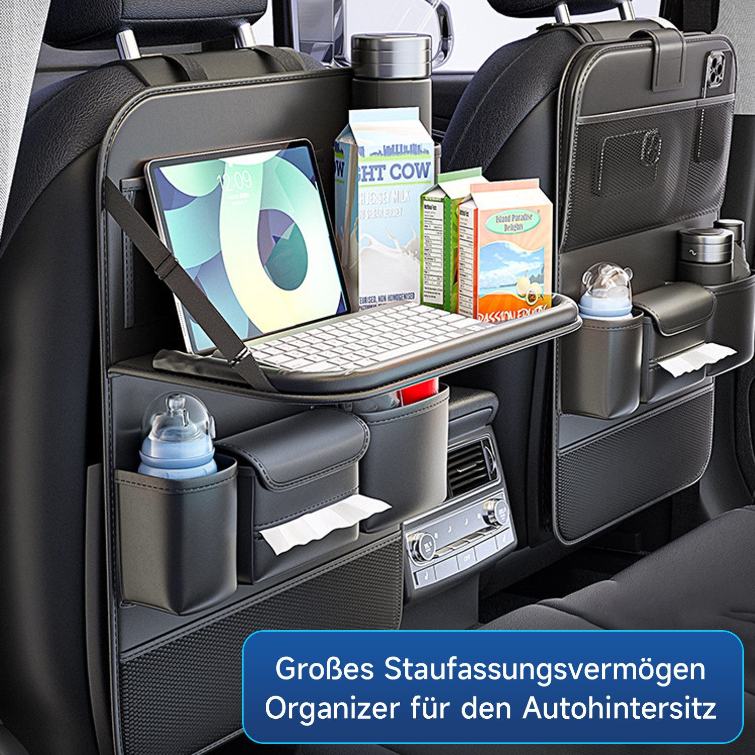 OSTWOLKE Auto-Rückenlehnentasche Auto Organizer Multifunktional Wasserdicht Rücksitz Organizer (1-tlg), mit Klapptisch, Tablet/Telefon Aufbewahrung und 8 Tasche – Bild 3 von 5