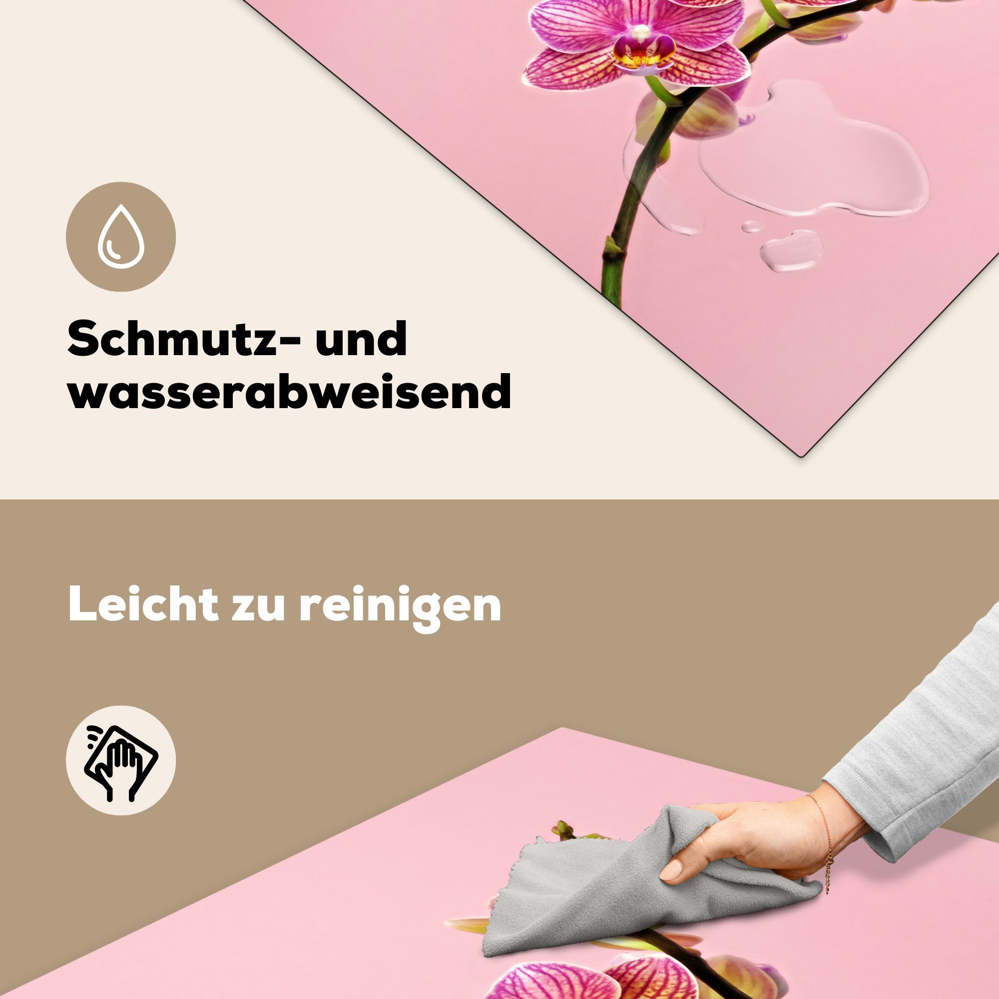 Ceranfeldabdeckung, küche (1 78x78 rosa Herdblende-/Abdeckplatte Hintergrund, cm, MuchoWow Arbeitsplatte vor für Orchideen tlg), einem Rosa Vinyl,