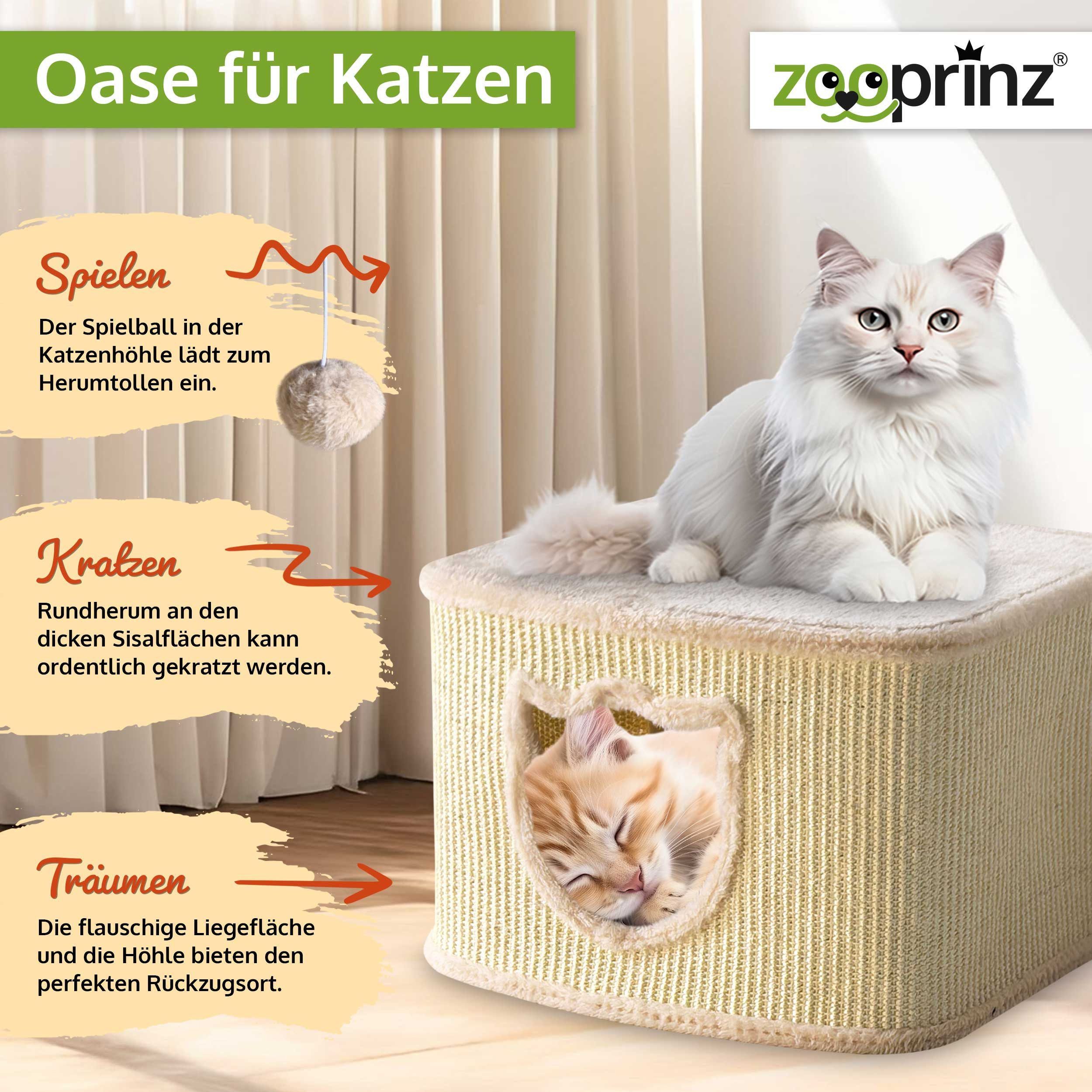 Zooprinz Katzenhaus Indoor aus Sisal mit Spielball, Plüsch, 40 × 40 × 27 cm, Modernes Design