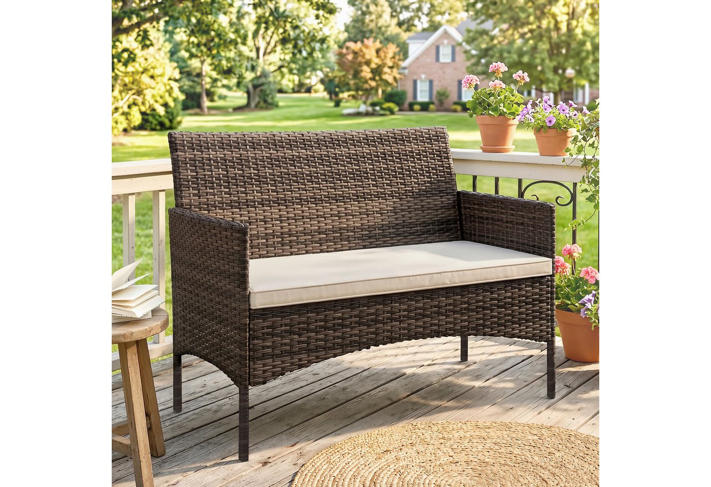 Outsunny Gartensofa 2-Sitzer Rattansofa mit Kissen, Couch für Garten, Poly Rattan, 1 Teile, Wetterfest, abnehmbarer Bezug, rutschfest
