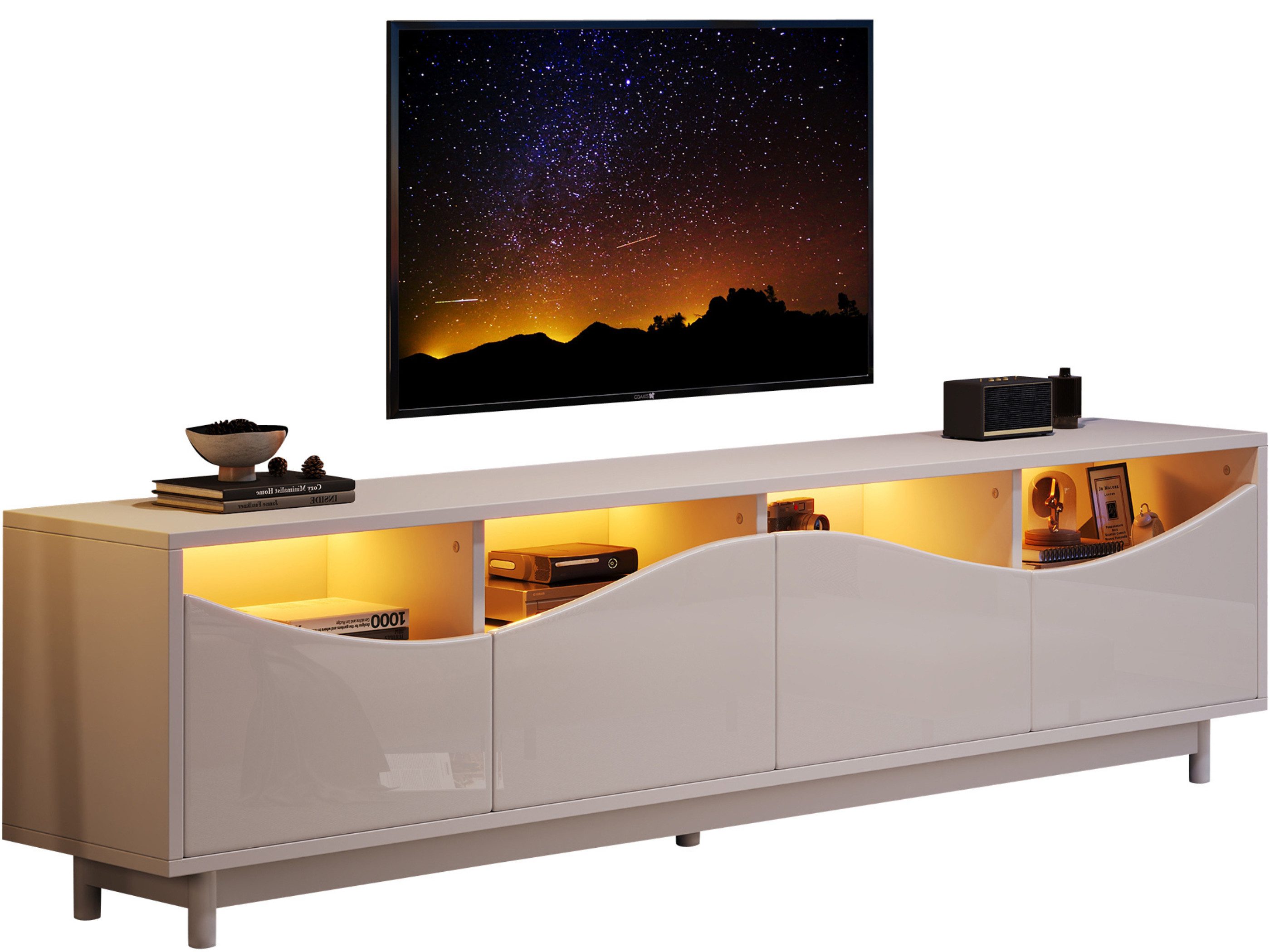 Lowboard Hochglänzender TV-Schrank TV-Ständer LED Grifflos Lowboard mit Fächern
