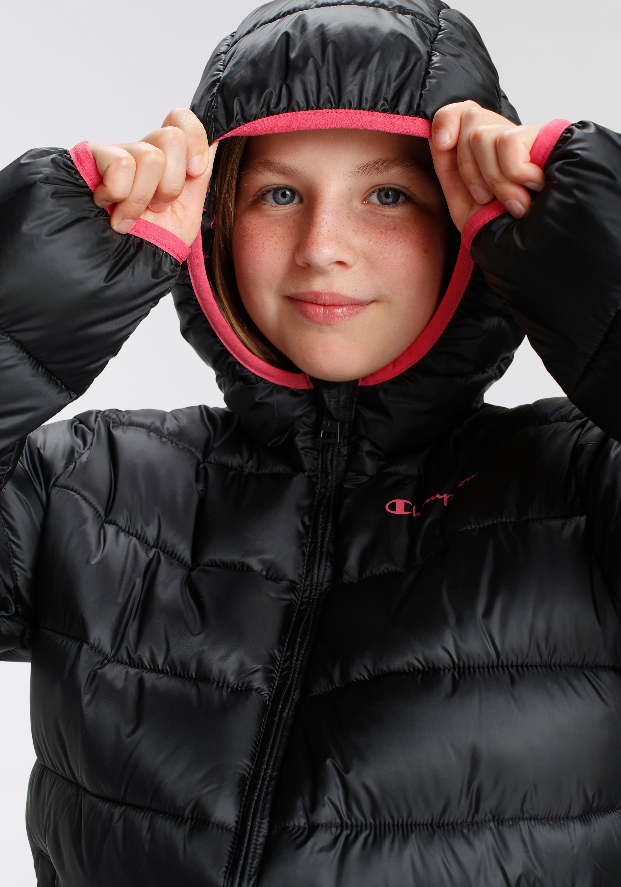 Kinder für Hooded Jacket schwarz-pink Outdoor Steppjacke - Champion