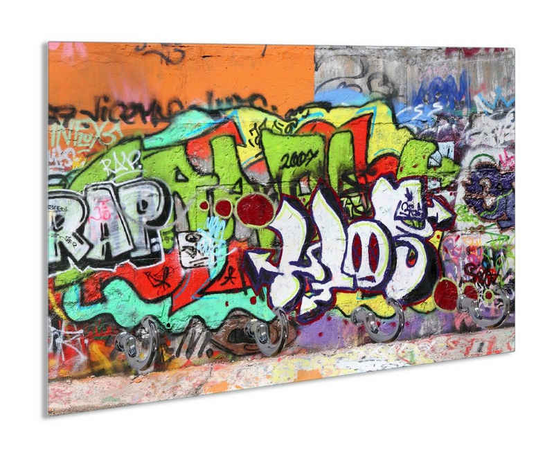 Wallario Handtuchhalter RAP-Graffiti- Wand mit verschiedenen Tags, aus Glas mit 4 Metallhaken