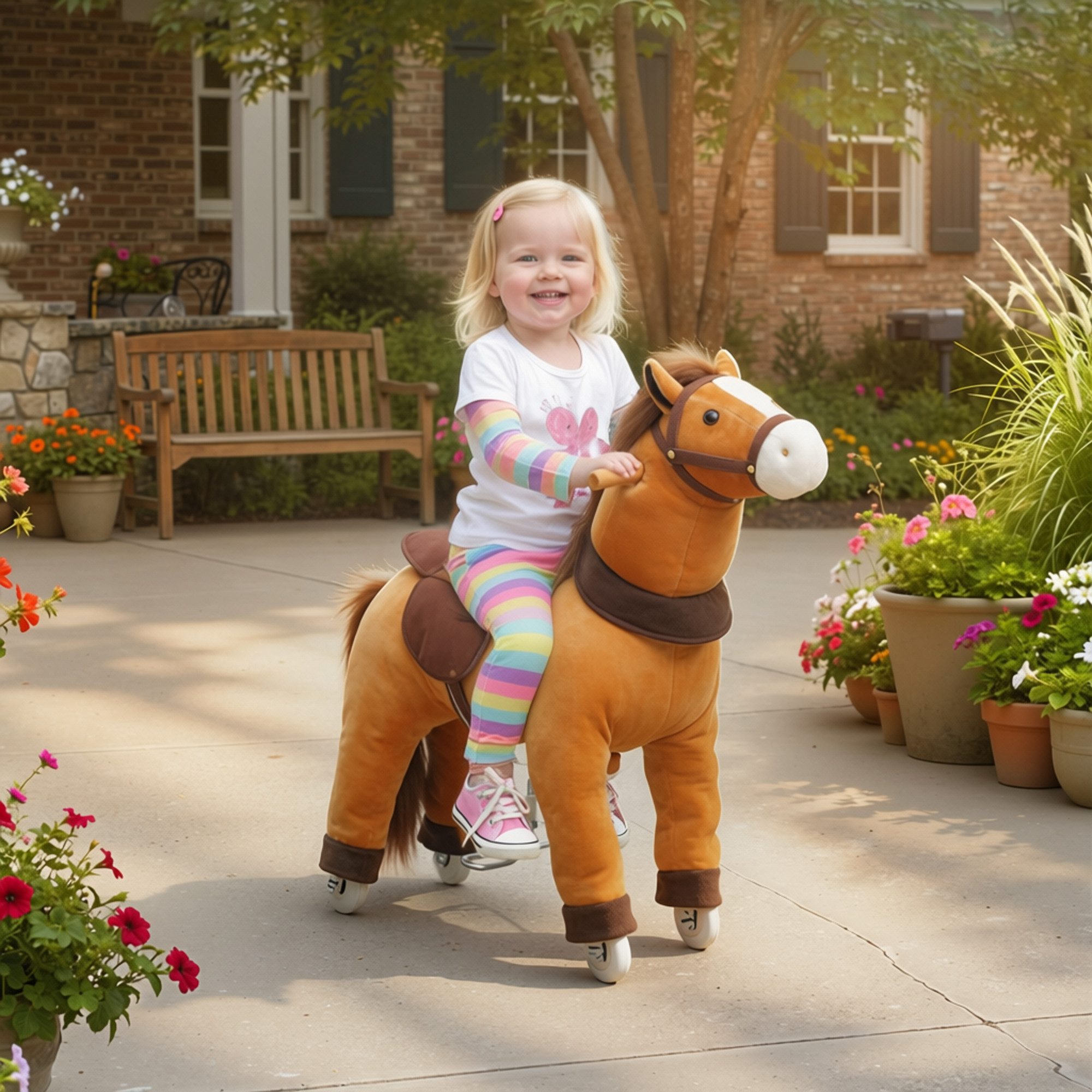 AIYAPLAY Stehtier Reitpferd mit Sattel Rollen, 75 cm Stehpferd, für Kinder 3-5 Jahre, bis 25 kg, Dunkelbraun