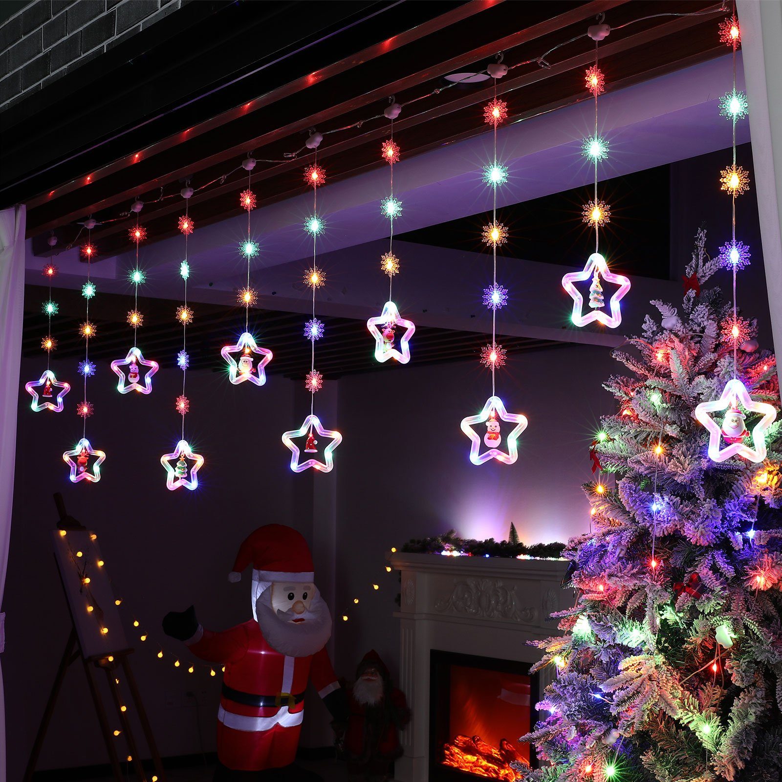 Wohnzimmer mit 8 Modi, Rosnek für Feiertage Weihnachtsornamente, LED-Lichtervorhang 3M, Parties, Haken; 10 Deko