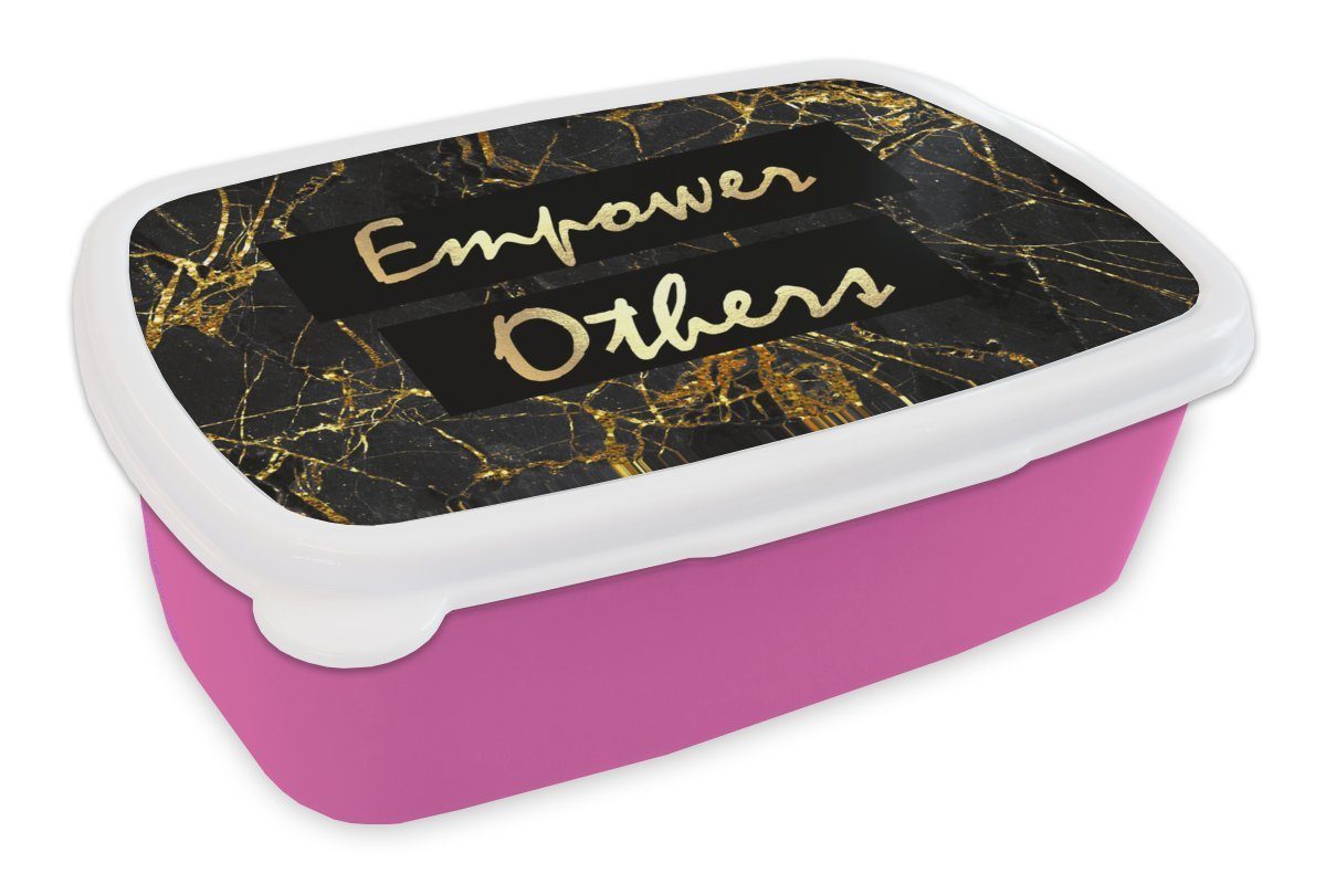MuchoWow Lunchbox Zitat - Macht - Gold - Marmor, Kunststoff, (2-tlg), Brotbox für Erwachsene, Brotdose Kinder, Snackbox, Mädchen, Kunststoff rosa