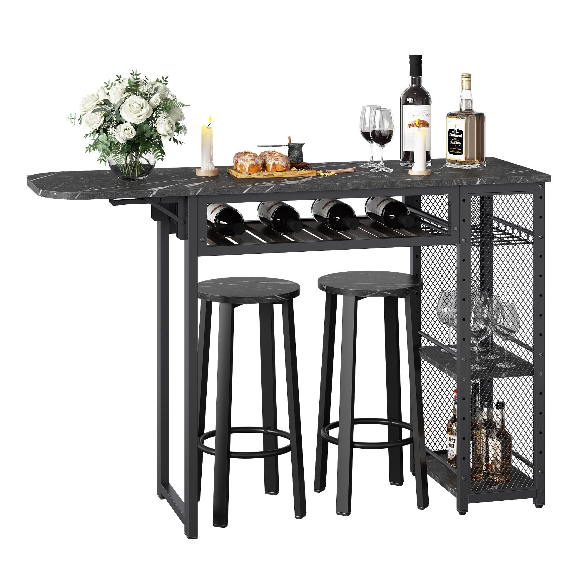 Bestier Bartisch Ausziehbarer Küchentisch mit 2 Hockern (Set, 1 Tisch und 2er-Set Hocker), Weinregal & 3 Ablagen für Küche, Esszimmer