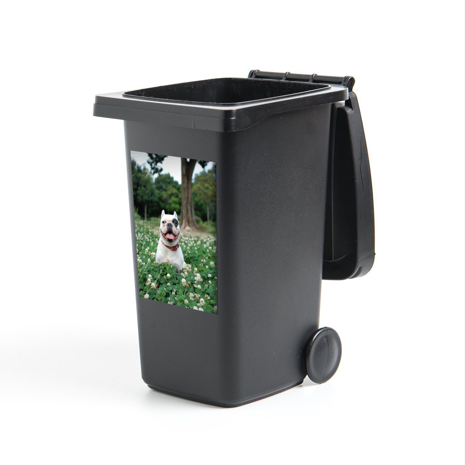 MuchoWow Wandsticker Hund - Bulldogge - Blumen (1 St), Mülleimer-aufkleber, Mülltonne, Sticker, Container, Abfalbehälter