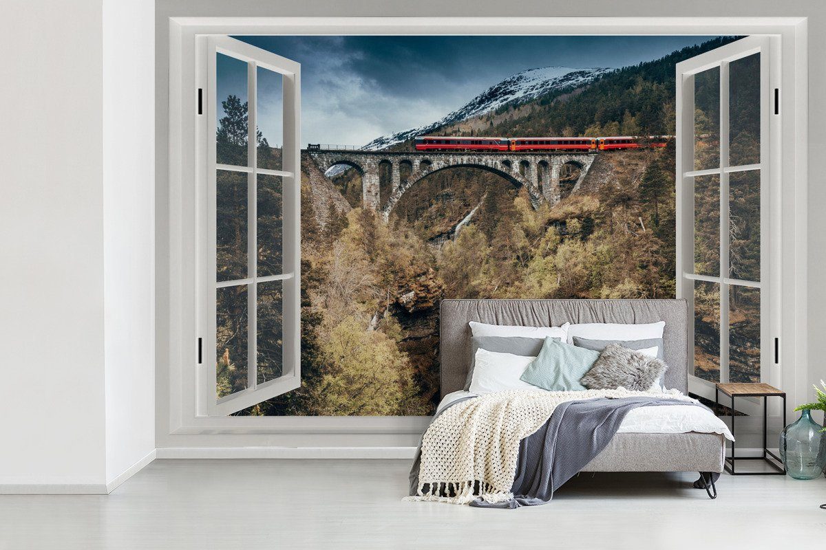 Brücke, (6 Schlafzimmer, Wohnzimmer, Wallpaper Tapete - Kinderzimmer, MuchoWow Matt, - St), Vinyl bedruckt, für Aussicht Berge Fototapete