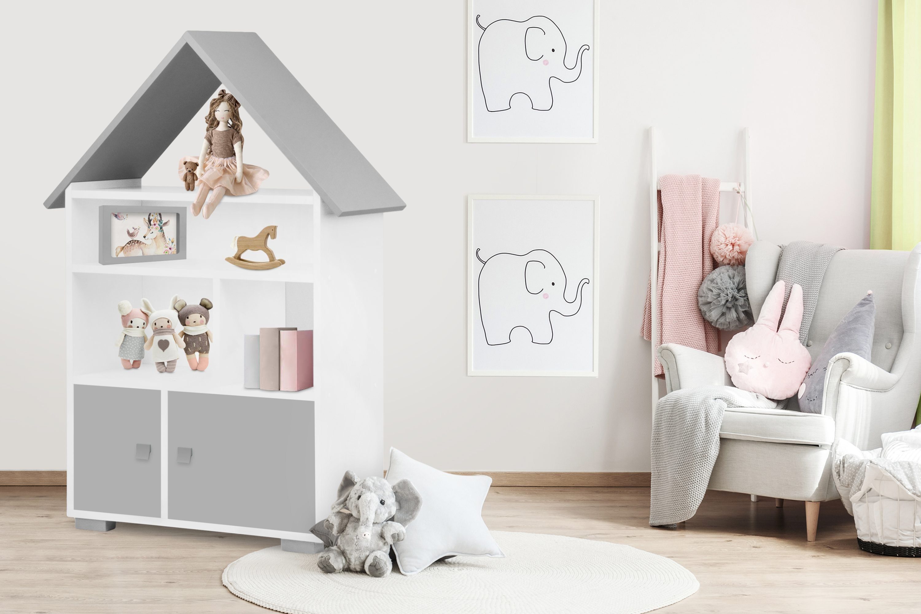 KONSIMO® Kinderregal Bücherregal mit Türen PABIS, Bücherregal mit Tür, Hausform, in Pastellfarben