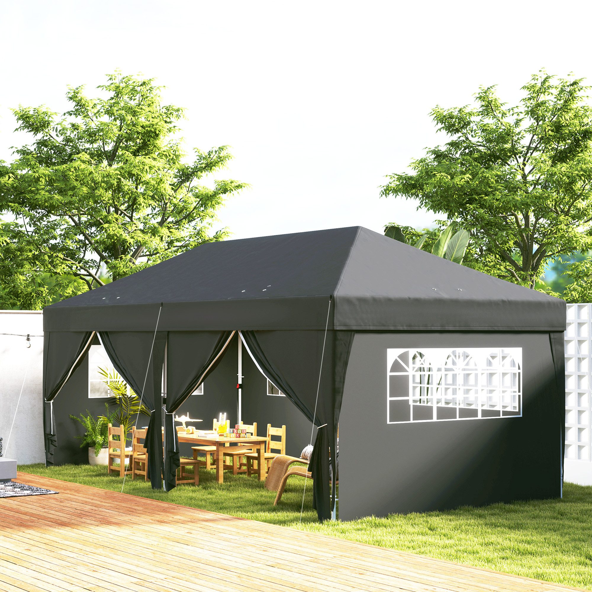 Outsunny Faltpavillon Stabil Winterfest Pavillon mit Fenster Reißverschlusstür UV Schutz, mit 6 Seitenteilen, (Pavillon ca. 6x3m, Faltbar Partyzelt), für Camping Garten Festival, ca. 6x3m Schwarz