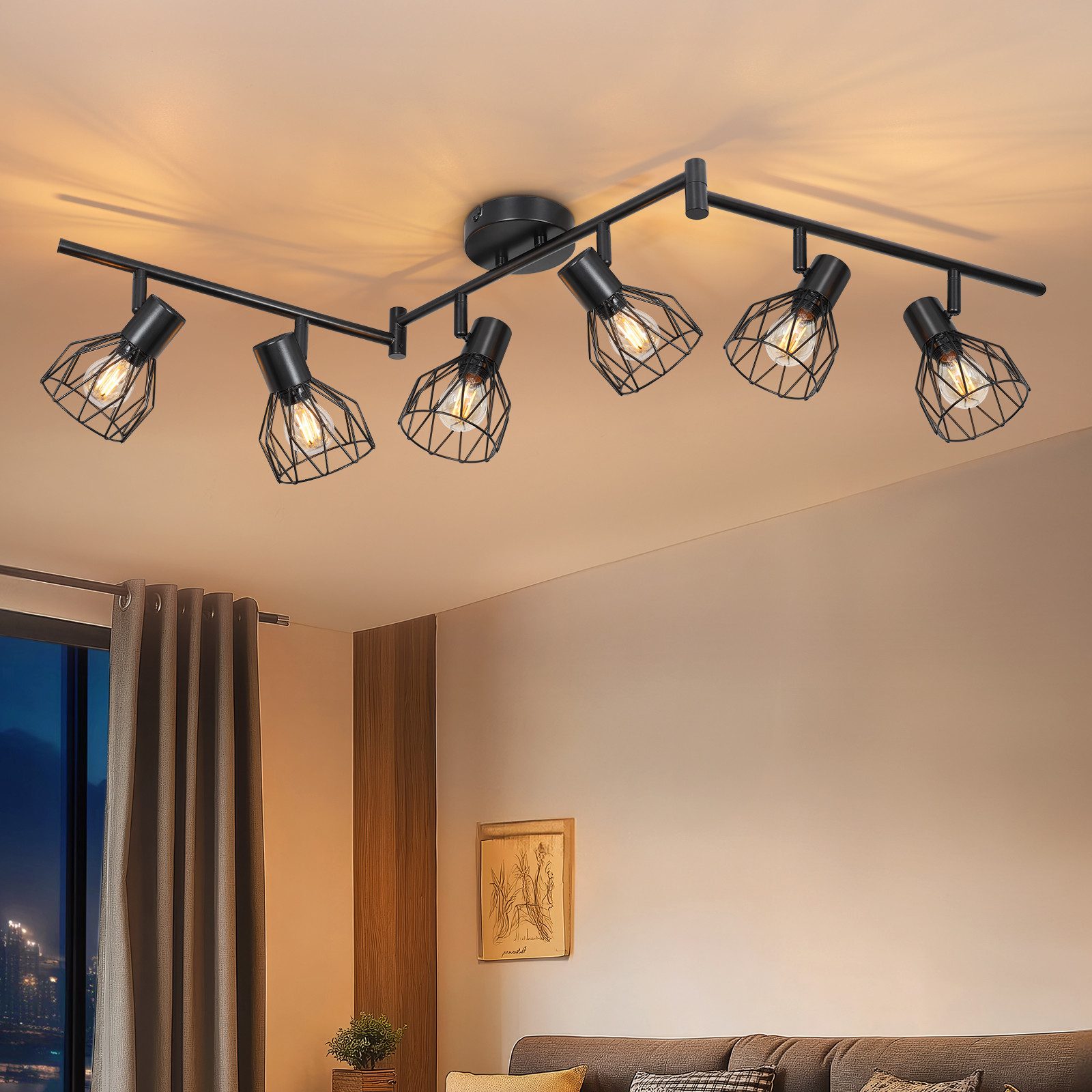 Kimjo LED Deckenstrahler Schwenkbarer Metall-Wandstrahler mit E14-Fassung, ohne Leuchtmittel, 6-flammiger Strahler mit Gitter-Käfig-Lampenschirm