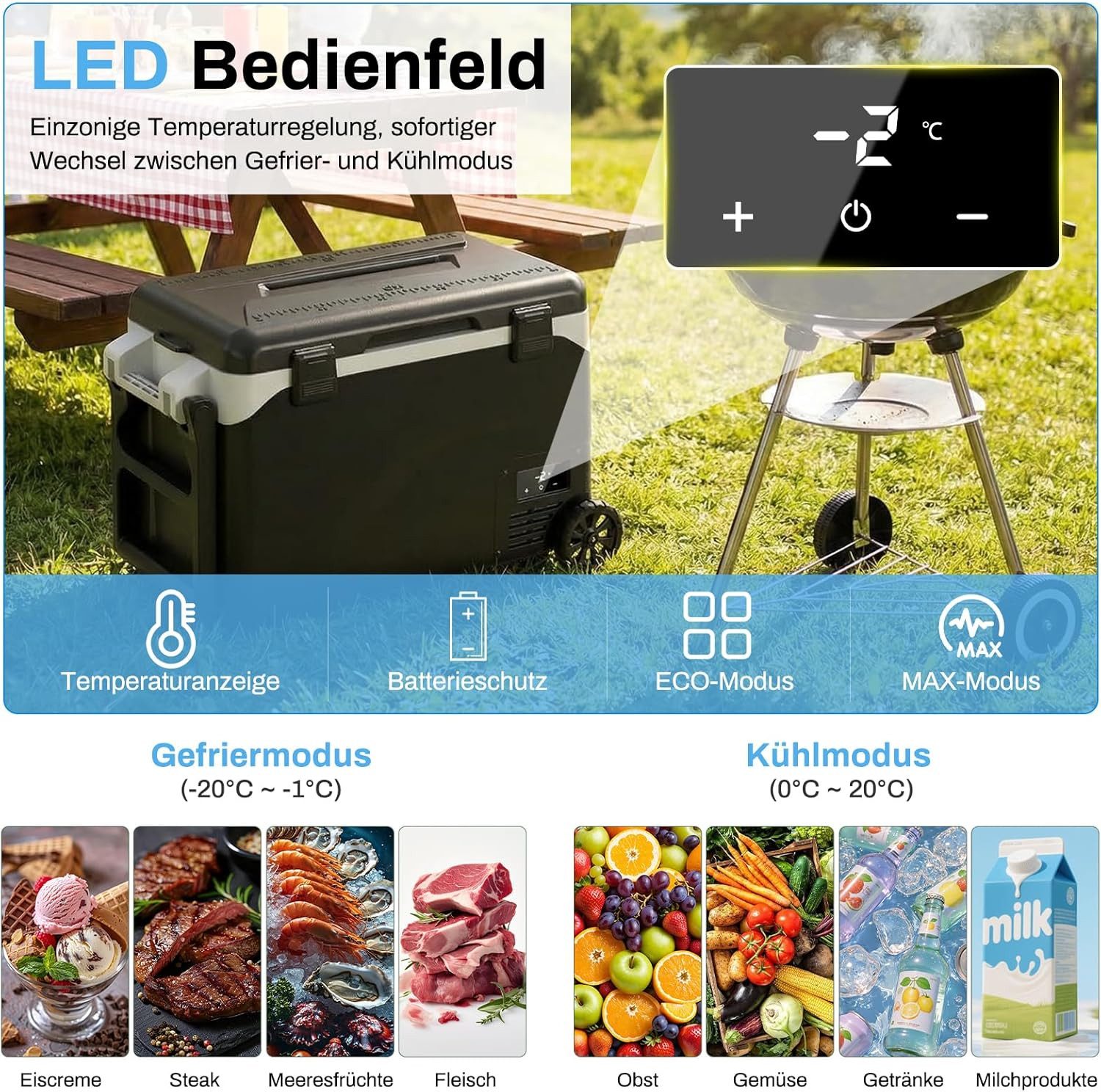 TLGREEN Kühlbox Kompressor Kühlbox, MAX/ECO Modus, Camping Kühlschrank, 42 l, lektrische Gefrierbox bis -20℃,Auto Kühlschrank 12V 24V DC&AC 100-240V