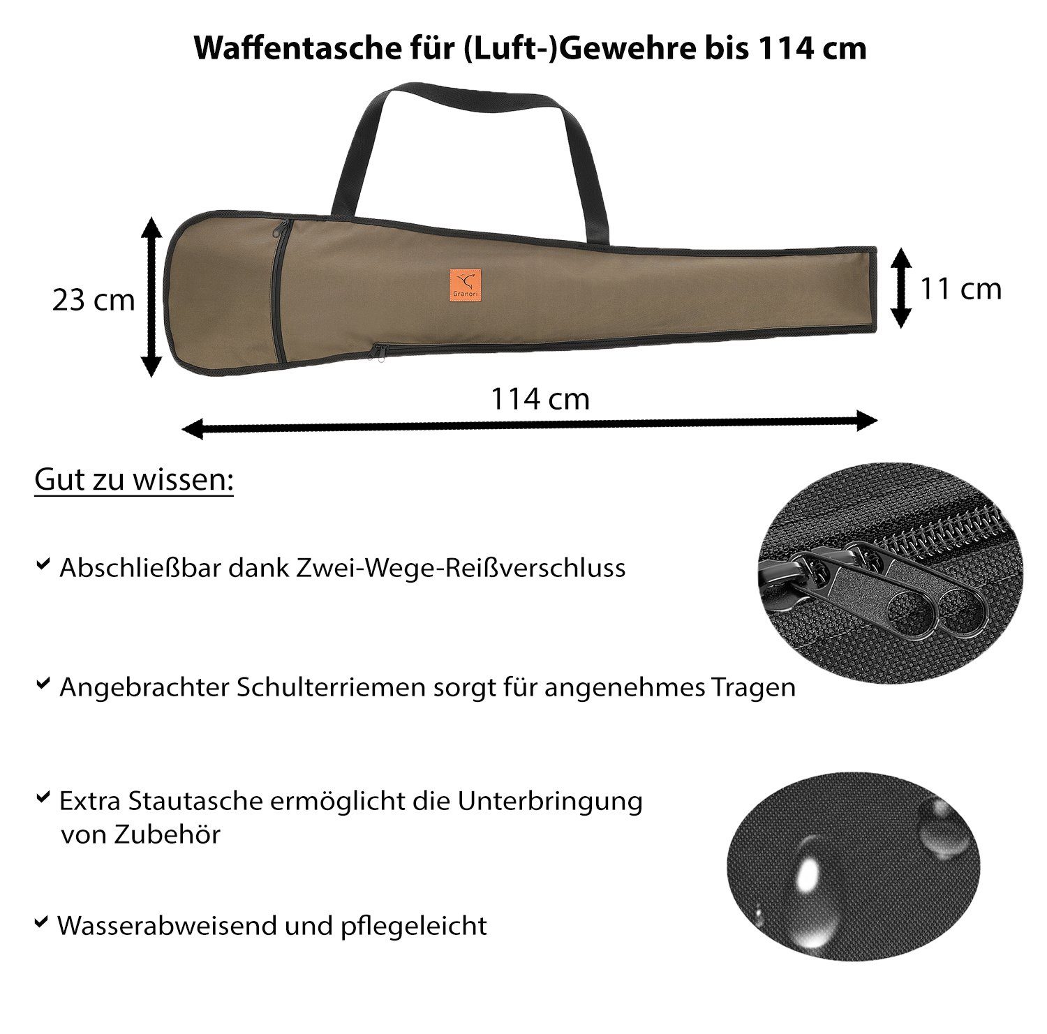 Oliv Luftgewehr abschließbar, – Trageriemen, für mit / Gewehrfutteral und Außentasche wasserabweisend mit cm Waffentasche Sporttasche 114 Granori