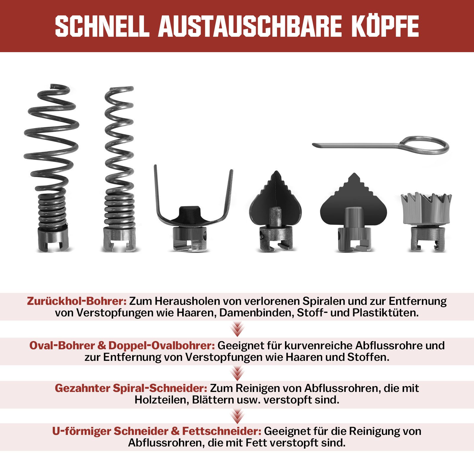XERSEK Rohrreinigungsspirale Elektrische Rohrreinigungsmaschine Rohrleitungen Rohrreiniger Ø2-10cm, L: 14500 cm, ∅ 16,00 mm, Rohrreinigungsspirale Ø8mm 10M, 16m – Bild 5 von 5